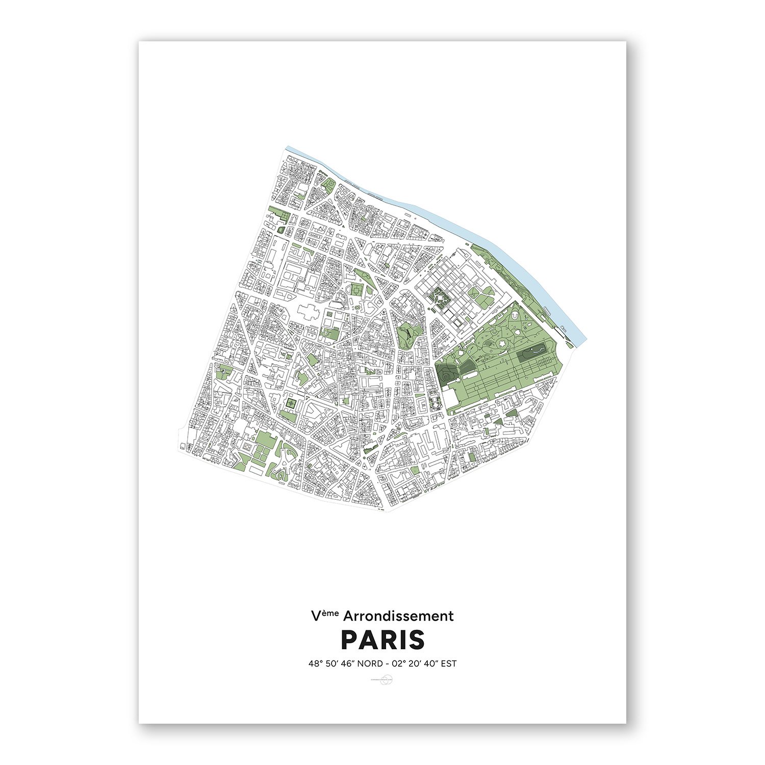 Poster avec la carte du 5ème arrondissement de la ville de paris en France.