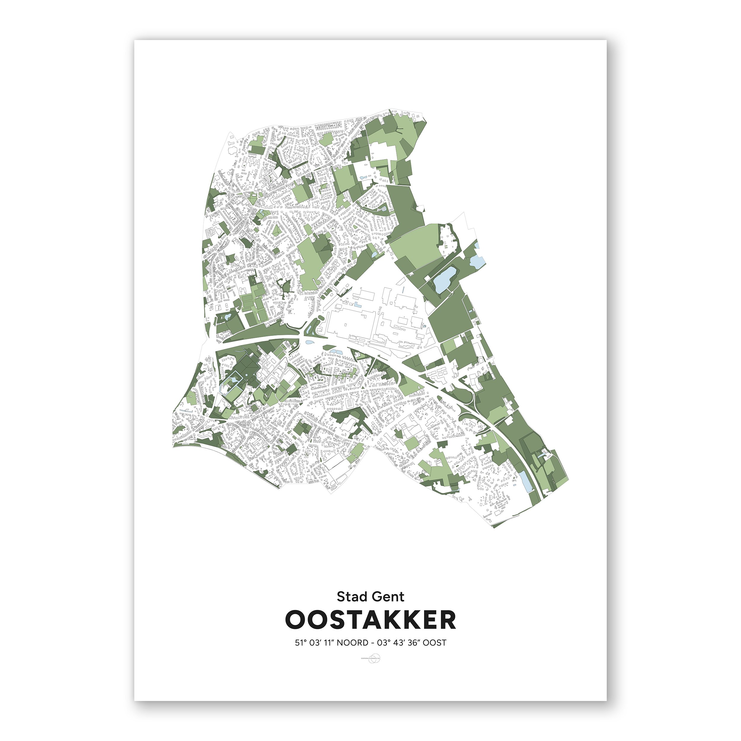 Poster met kaart van de deelgemeente de Oostakker in Gent.