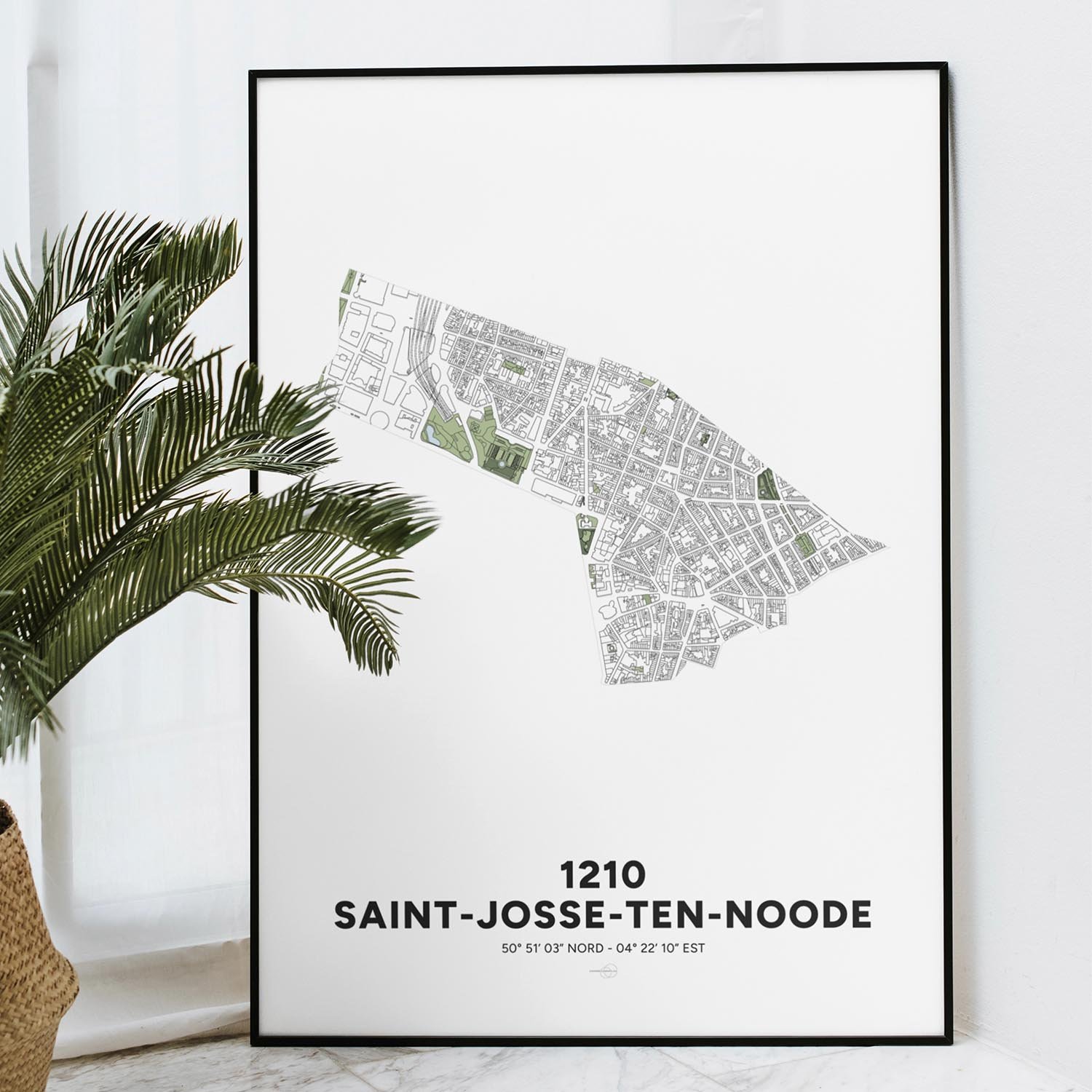 Poster décoratif encadré avec la carte de la commune de Saint-Josse-ten-Noode, à Bruxelles.
