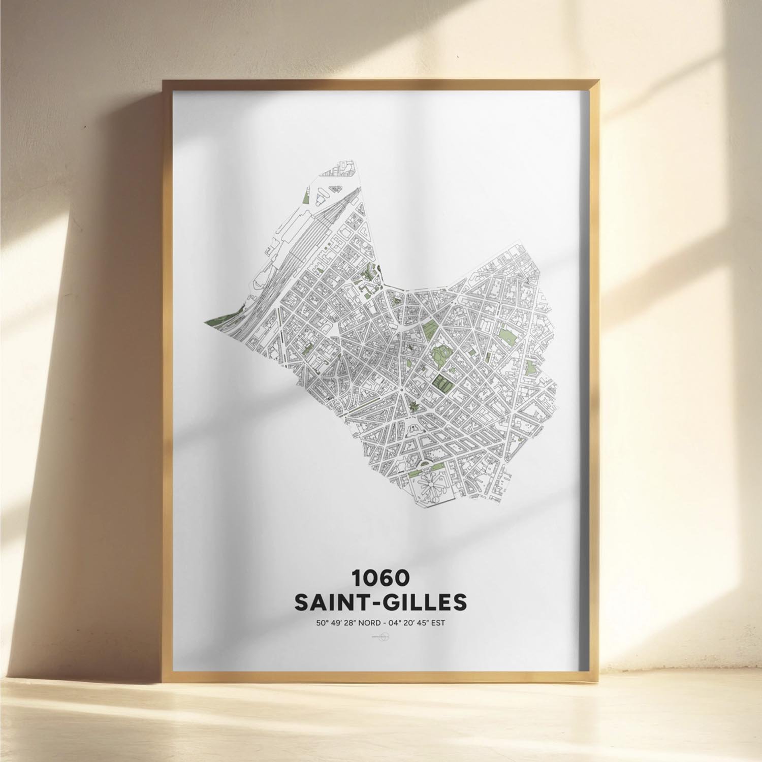 Decoratieve Poster ingelijst met de kaart van de gemeente Sint-Gillis in Brussel.