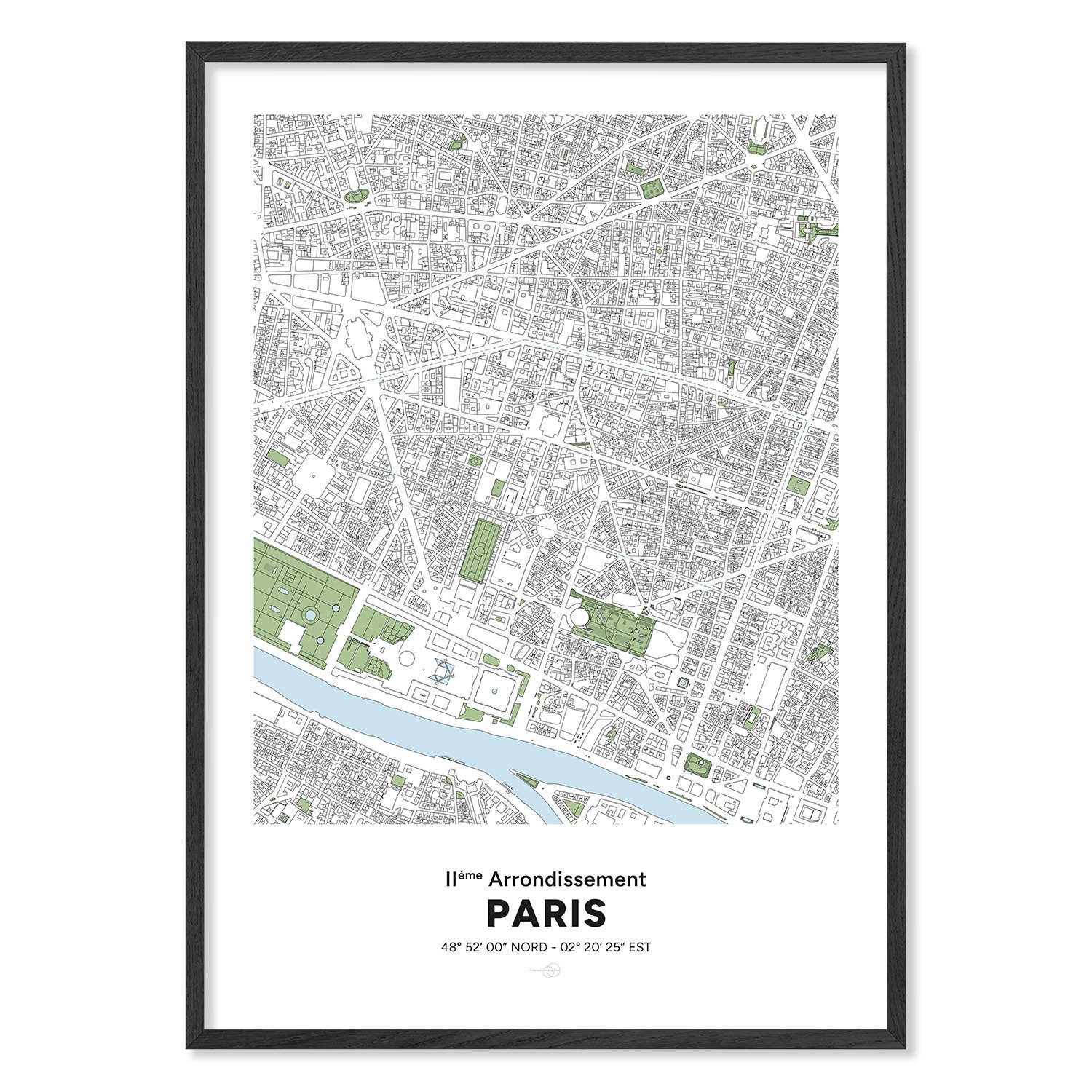 Poster avec la carte du 2ème arrondissement de la ville de paris en France, encadré.