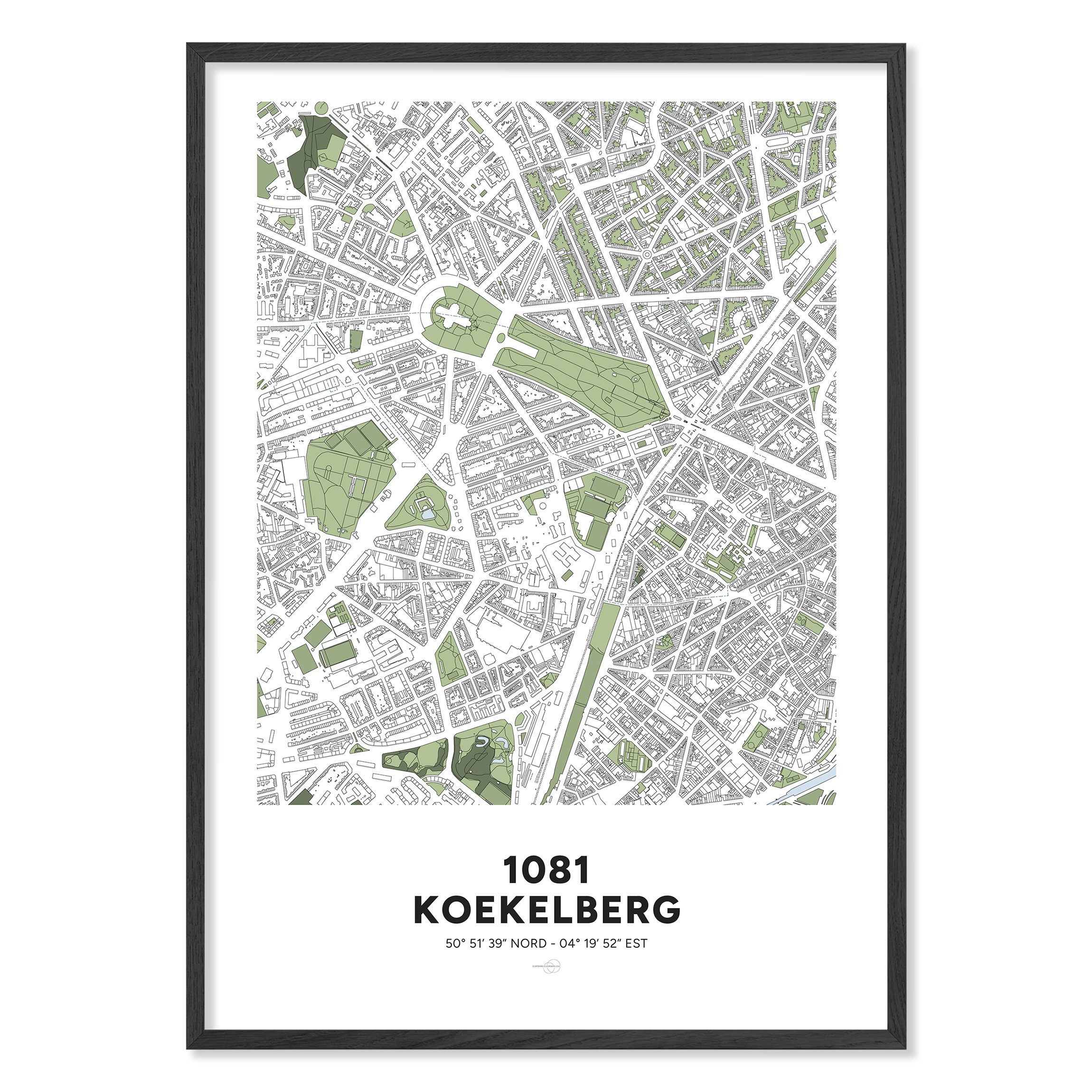 Poster décoratif encadré avec la carte de la commune de Koekelberg, à Bruxelles.
