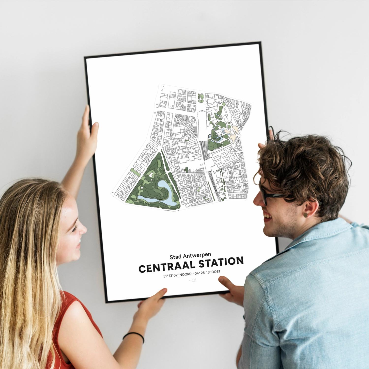 Decoratieve Poster ingelijst met een kaart van het Centraal-Station district stad Antwerpen.