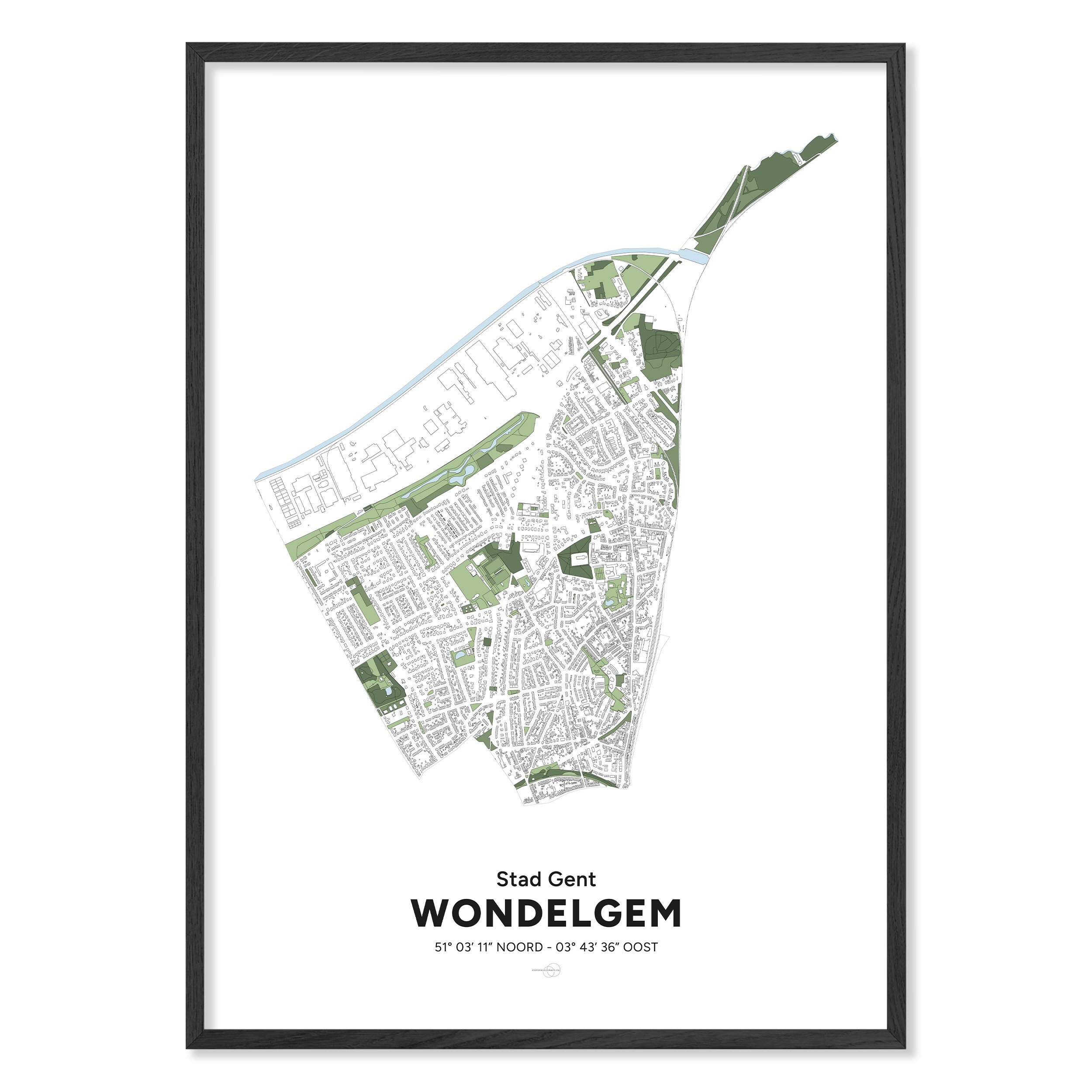 Poster avec la carte encadrée de la section de Wondelgem à Gand.