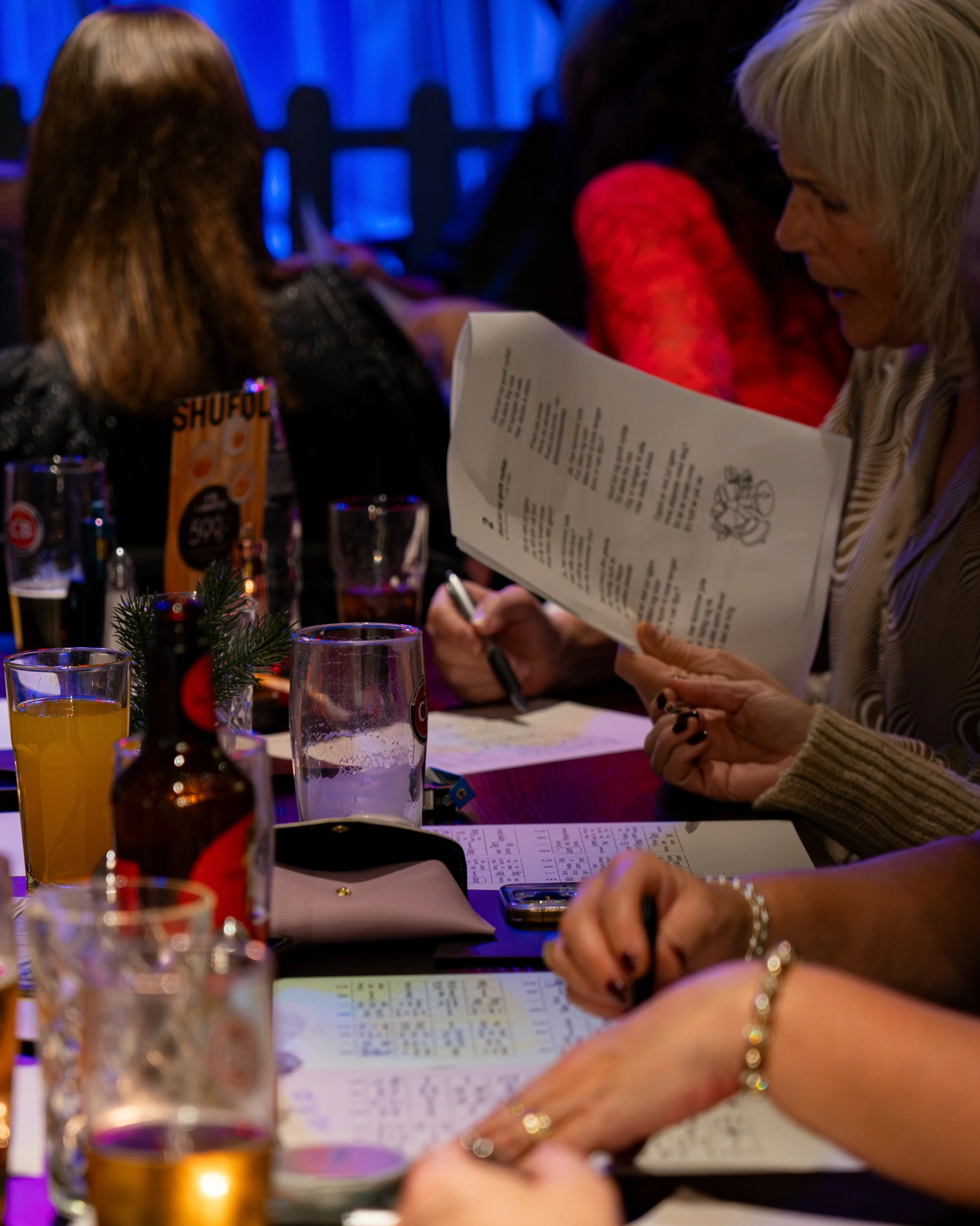 Bilde av mennesker som sitter rundt et bord på en restaurant eller bar, med drikkevarer og meny, og de ser ut til å lese eller bestille mat.