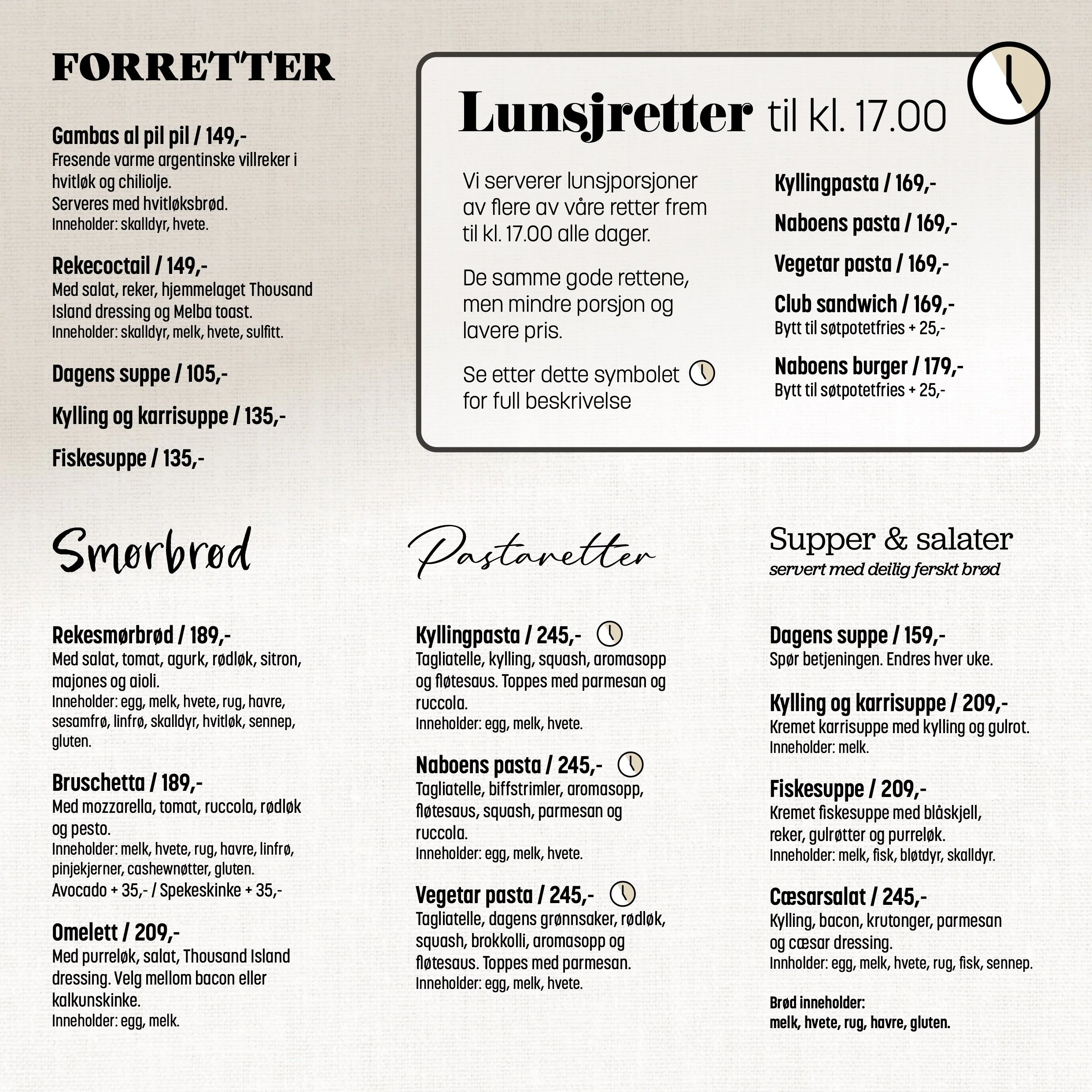 Meny for en kafé eller restaurant, med ulike retter og priser, inkludert lunsj, smørbrød, pastaretter, supper og salater.