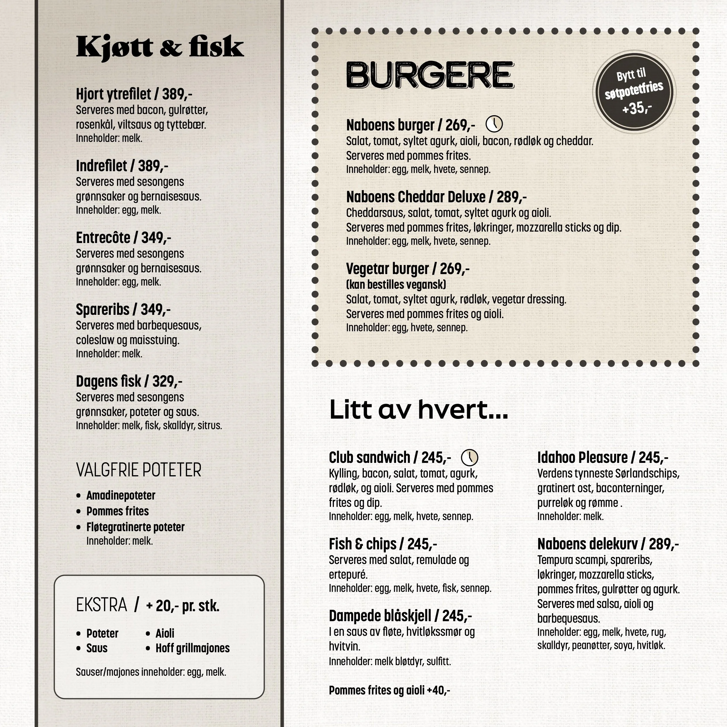 Meny med seksjoner for kjøtt og fisk, burgere og småretter, inkludert priser og ingredienser, med en knapp for å bytte til søtpotetfries.