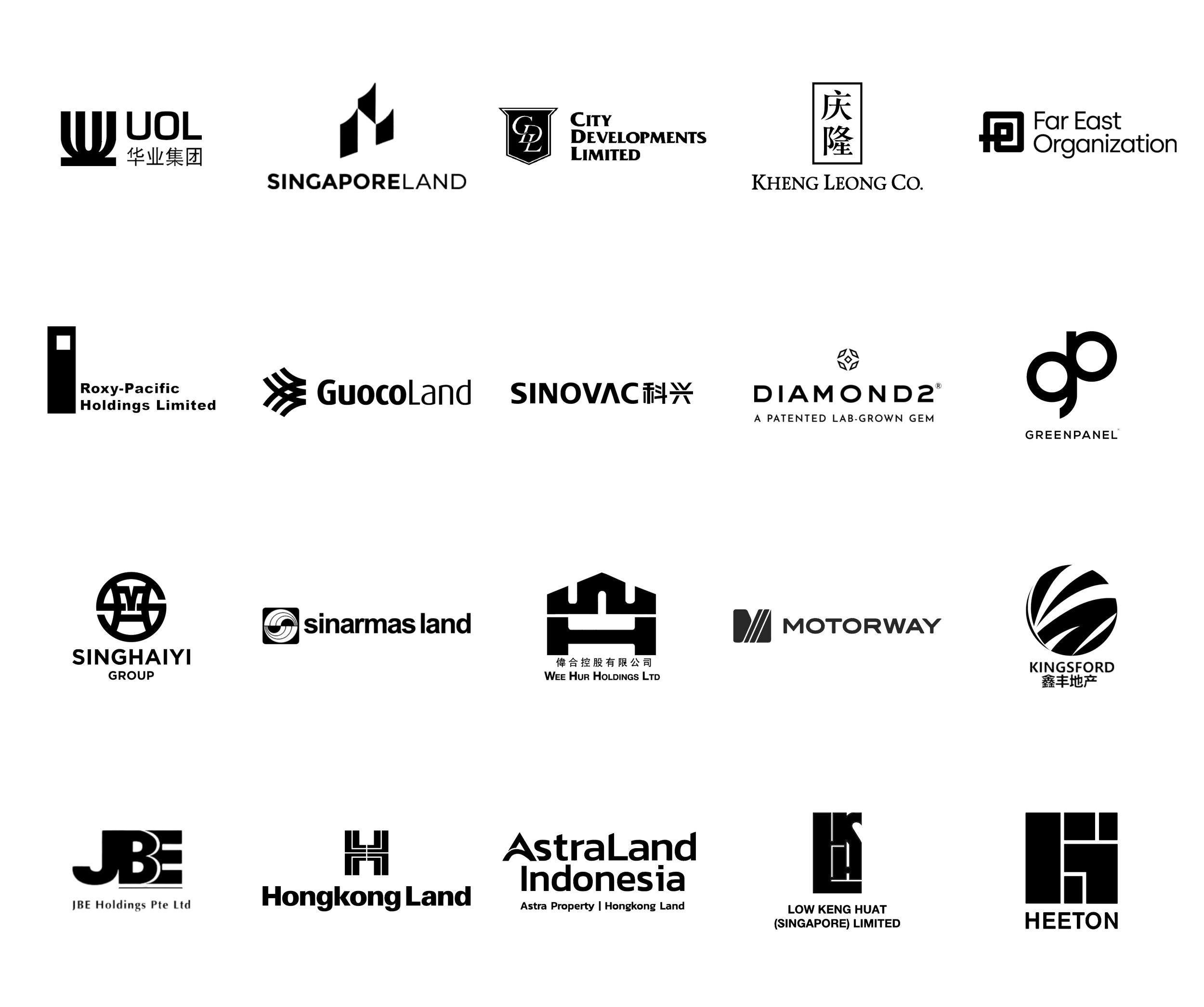 Collection of logos from various companies, including Singapore Land, City Developments Limited, Khee Leong Co., Far East Organization, Roxy-Pacific Holdings Limited, Guocoland, SinovacX, Diamond2, Greenpanel, SingHaiyi Group, Sinemasland, Wun Tong Wah, Motorway, Kingsford Leuk, CBRE, Hong Kong Land, Astra Land Indonesia, Low Keng Huat, and Heeton.