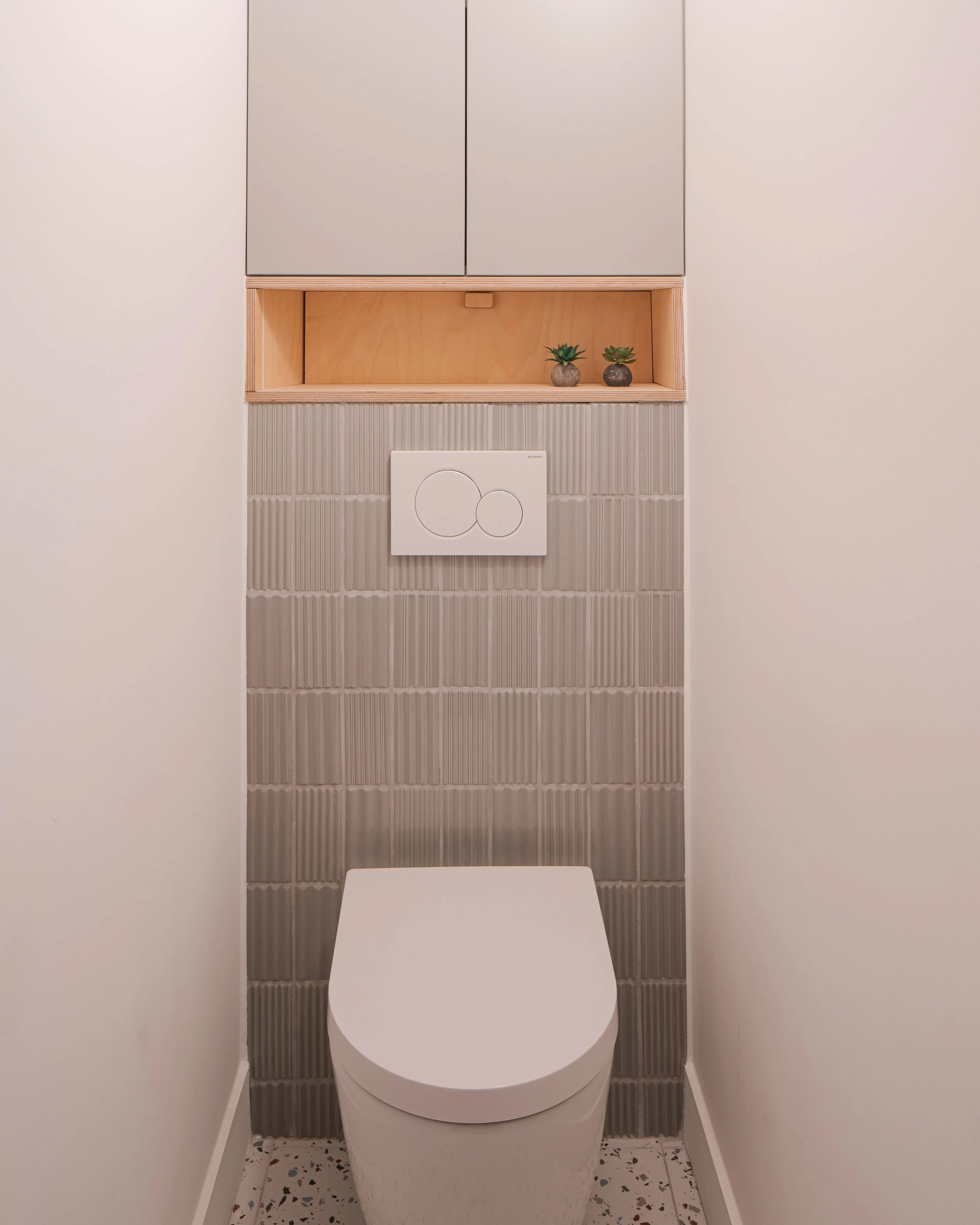 Toilettes modernes avec des carreaux gris en arrière-plan, un panneau de commande blanc et deux petites plantes en pots sur une étagère en bois.