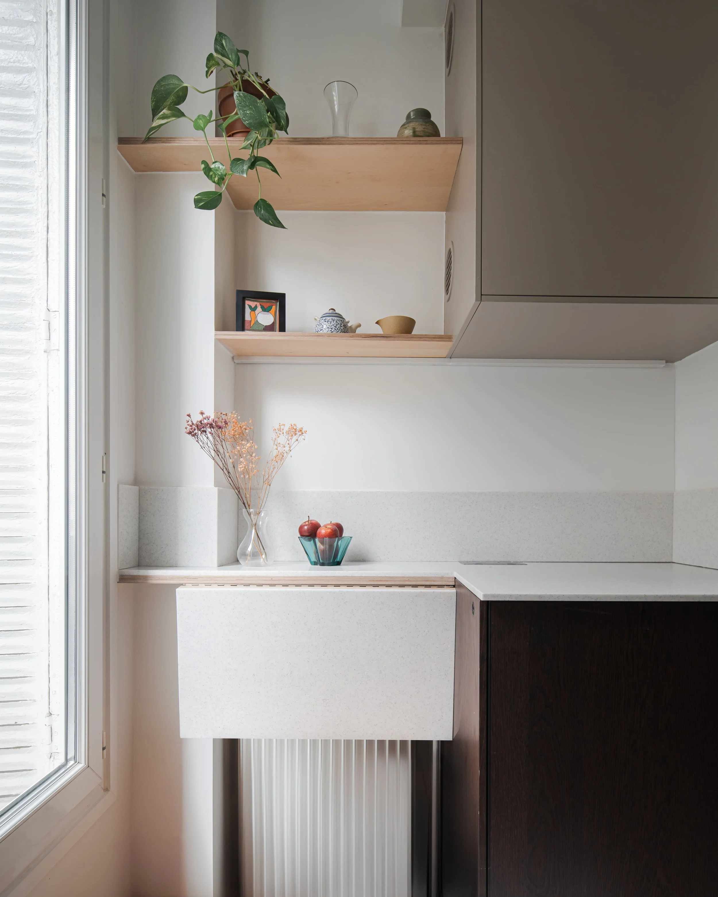 Une vue d'un coin de cuisine avec des étagères en bois, contenant des objets décoratifs, une plante verte en pot, un vase avec des fleurs séchées, un bol de pommes, et une fenêtre laissant entrer de la lumière naturelle.