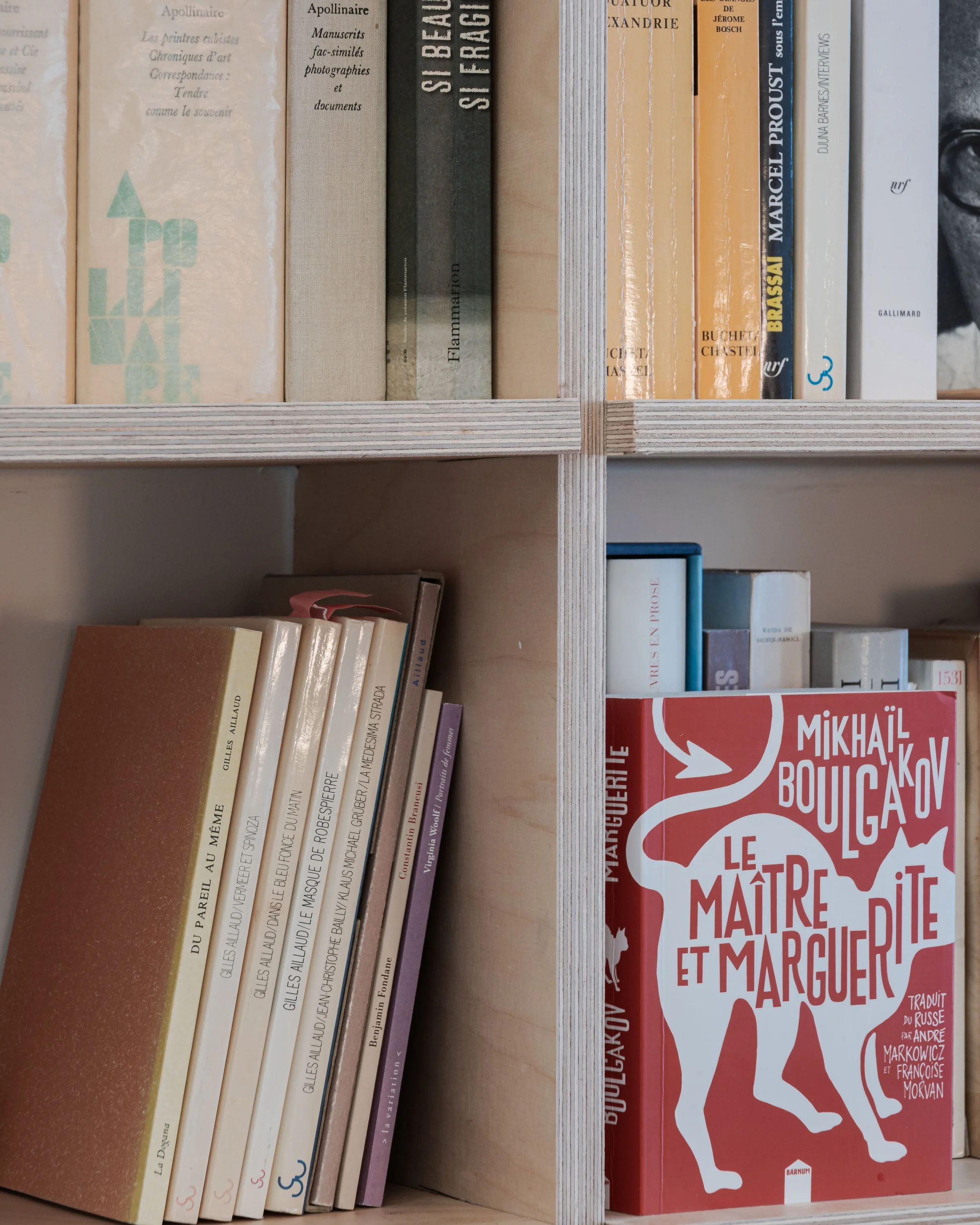 Une étagère en bois contenant plusieurs livres, le livre le plus visible est intitulé 'Le maître et Marguerite' de Mikhaïl Bougakov.