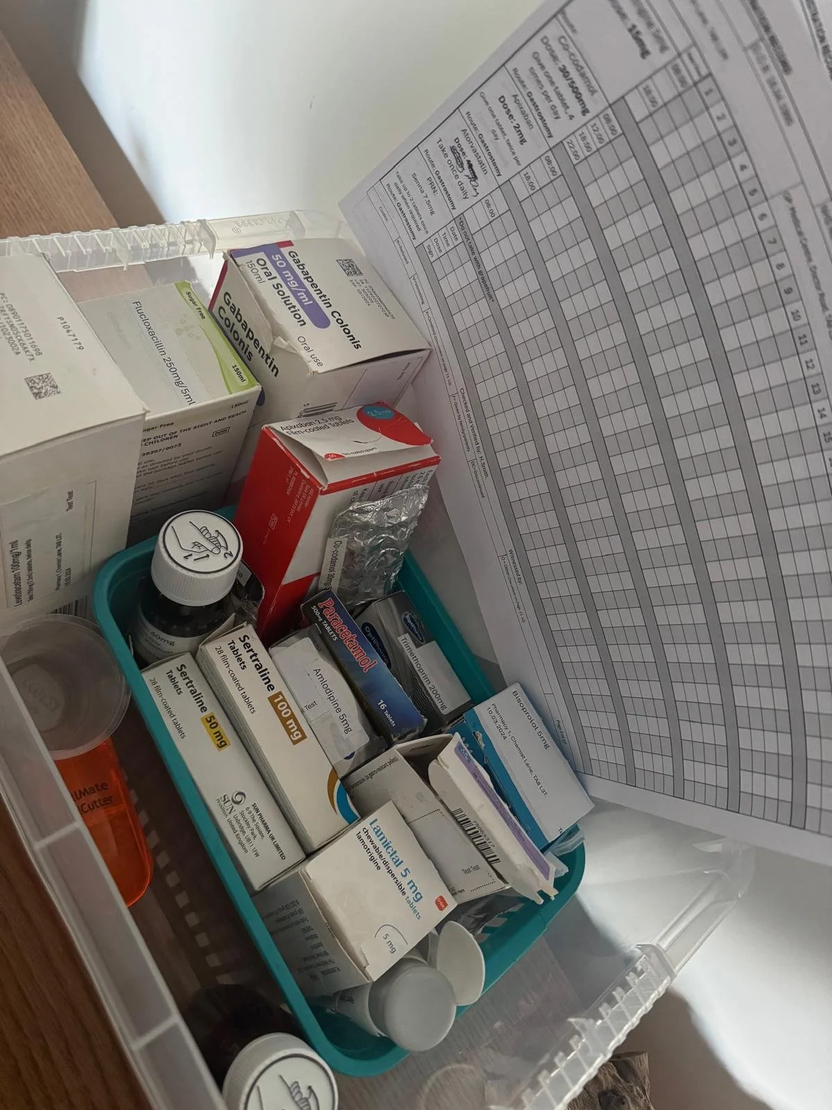 Close up of a box of simulation medications and a simulated MAR chart