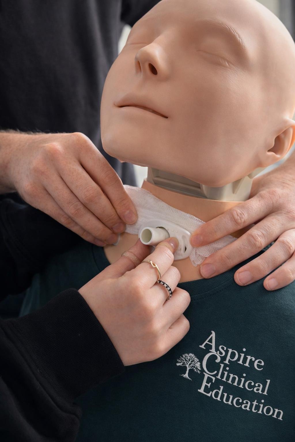 learners practicing cleaning the tracheostomy stoma during tape change