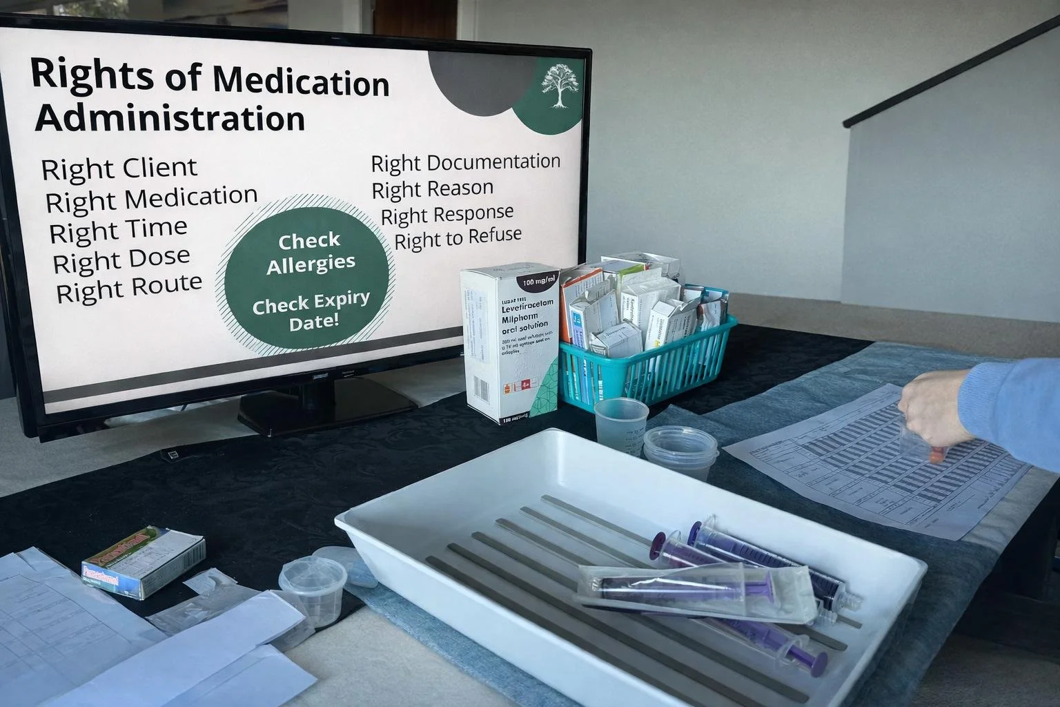 Monitor showing the rights of medication administration with practical equipment infront