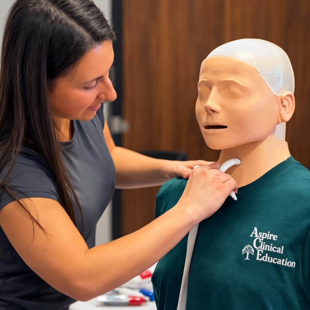 Heather demonstrating tracheostomy tube change