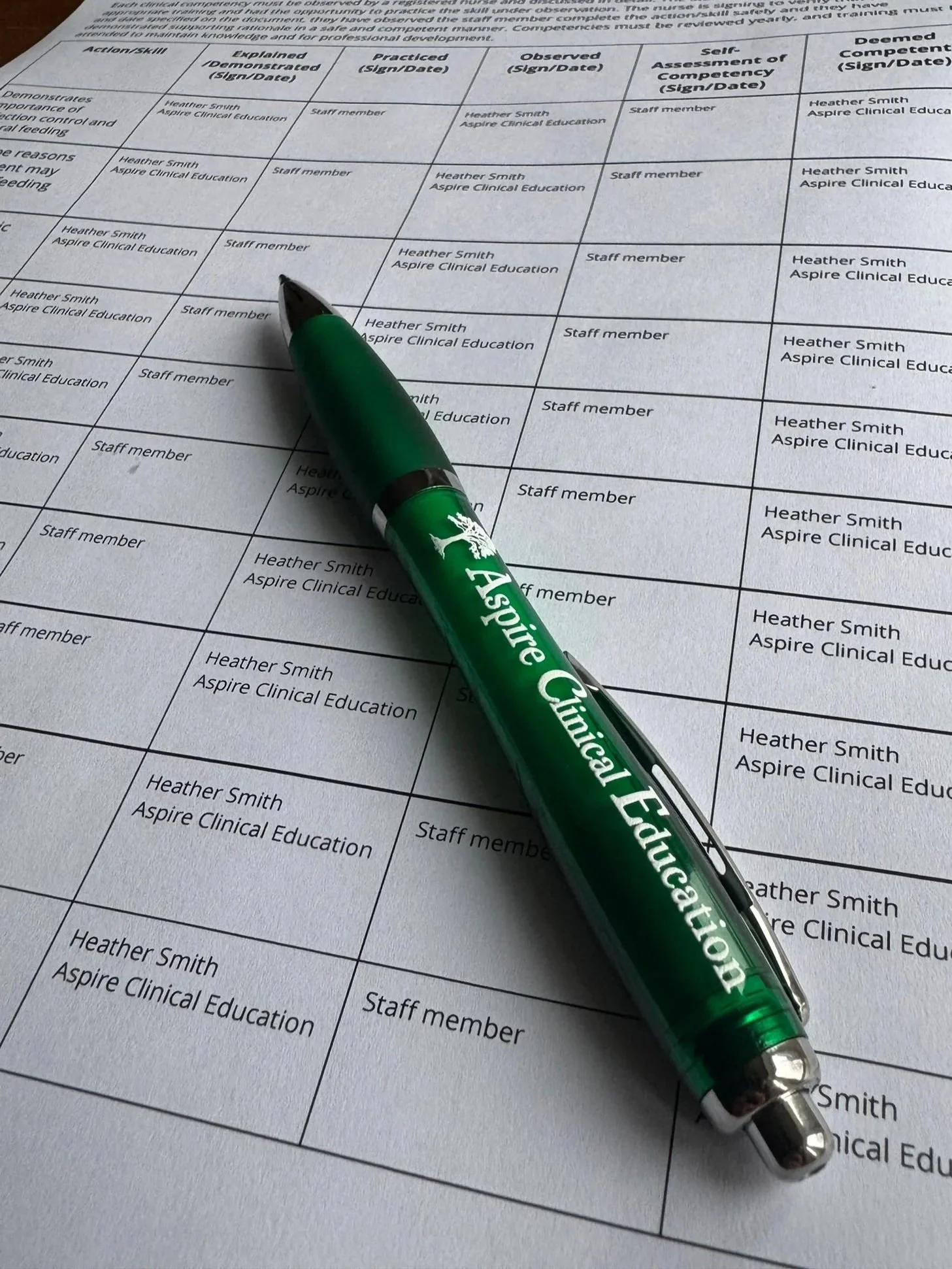 aspire clinical education pen ontop of a competency document