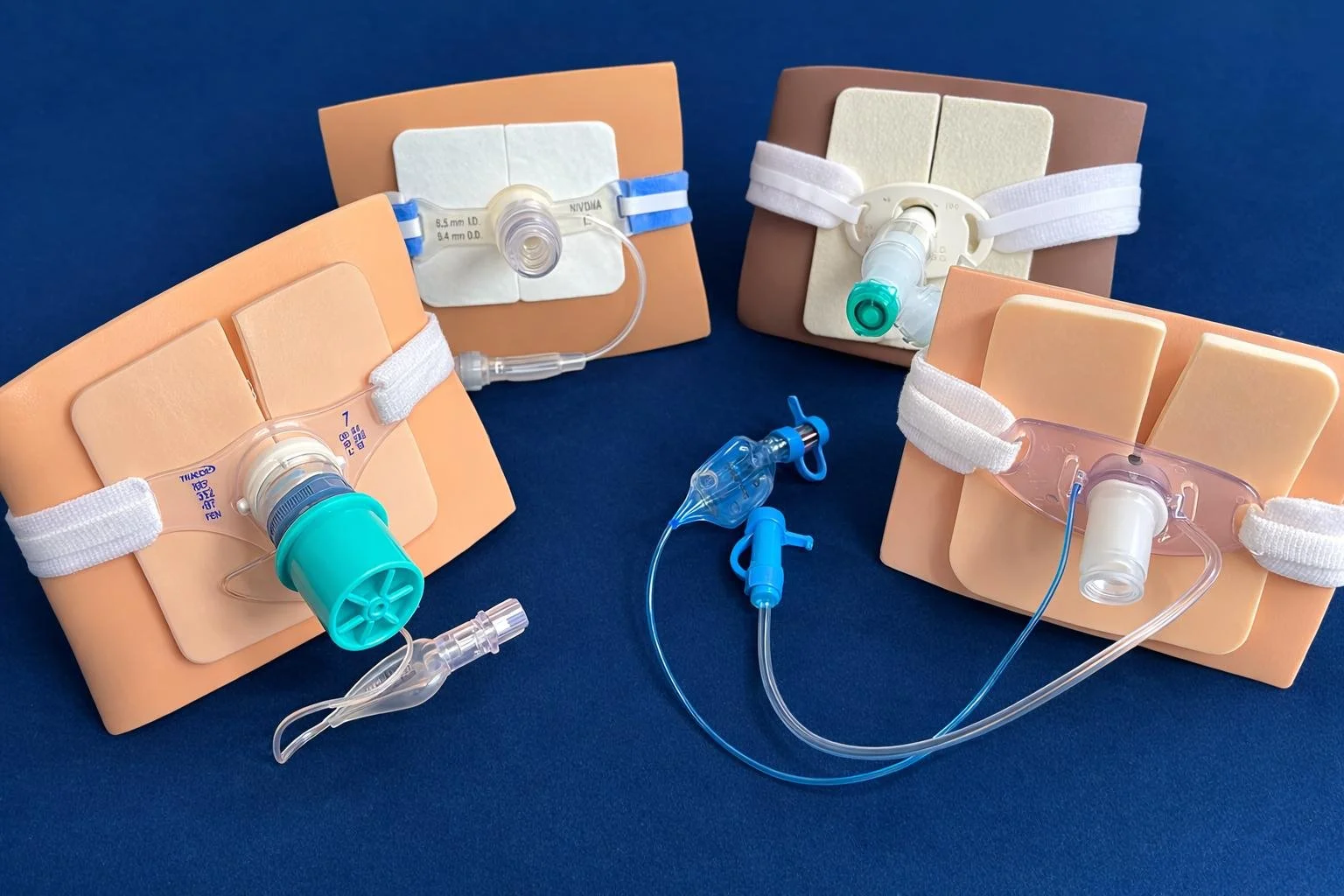an assortment of tracheostomy devices - Portex, Bivona, Shiley, Tracoe Twist