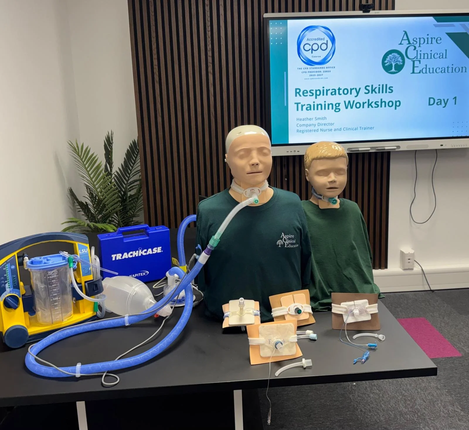 Accredited open respiratory skills workshop set up, child and adult sim manikin and various complex respiratory equipment
