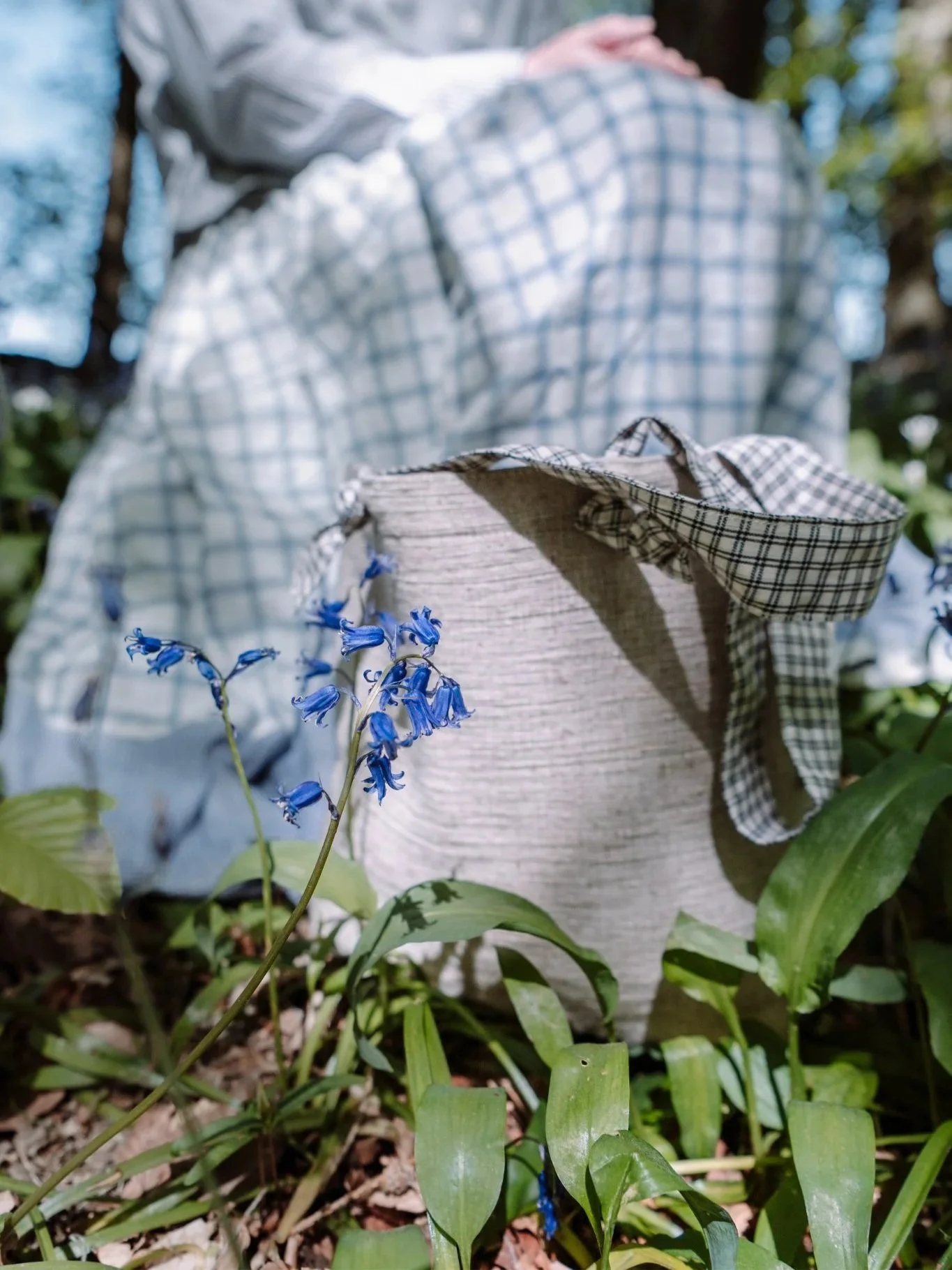 A linen bag with checked fabric handles sits in the bluebell woodland