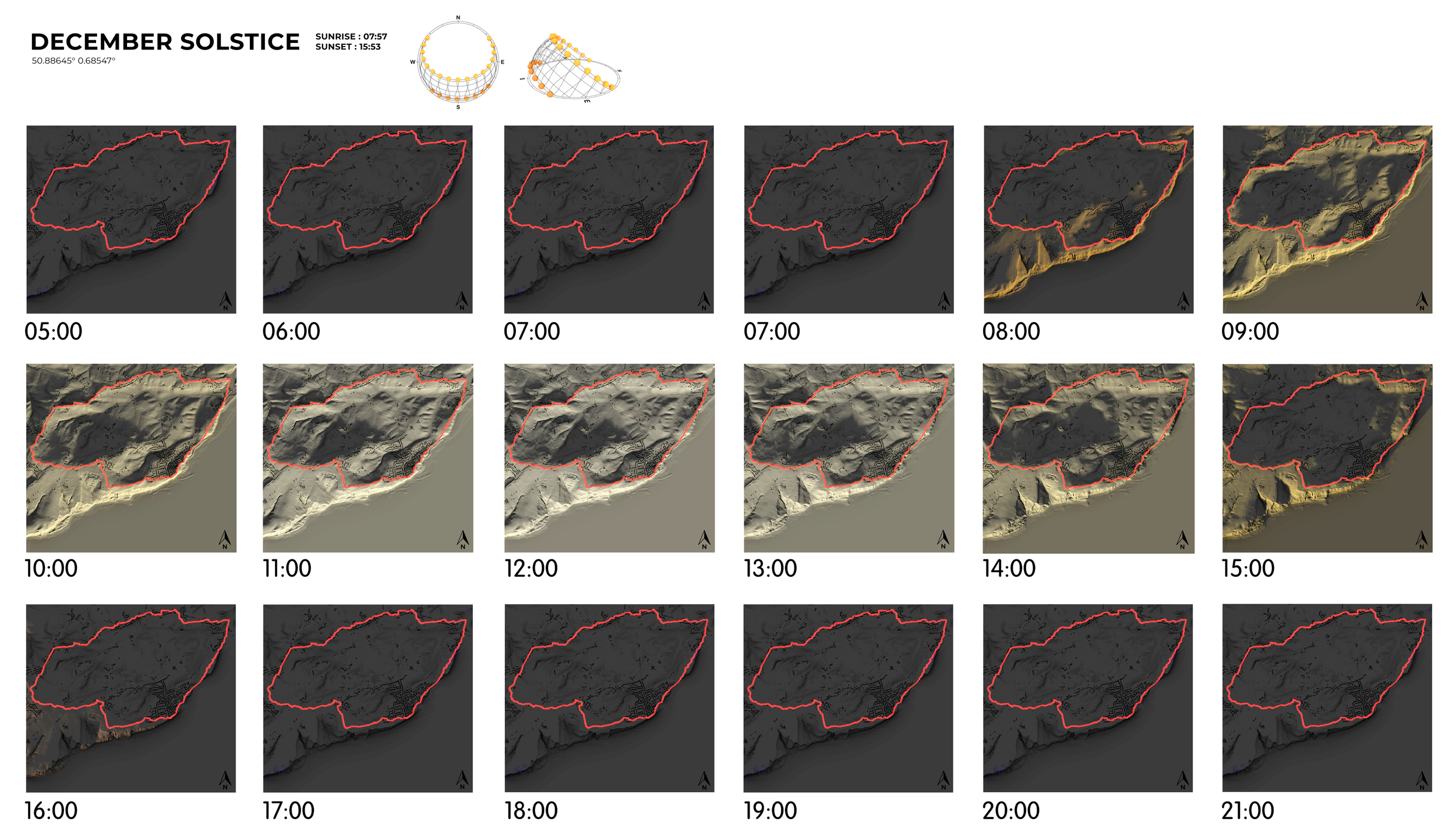 Sequence of topographic maps showing shadow changes from 05:00 to 21:00 during December Solstice with highlighted area, sunrise at 07:57 and sunset at 15:53.