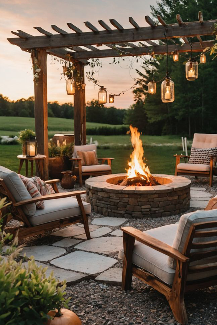 Outdoor patio with a stone fire pit surrounded by cushioned wooden chairs, a wooden pergola with hanging lanterns, and a scenic view of trees and open fields at sunset.