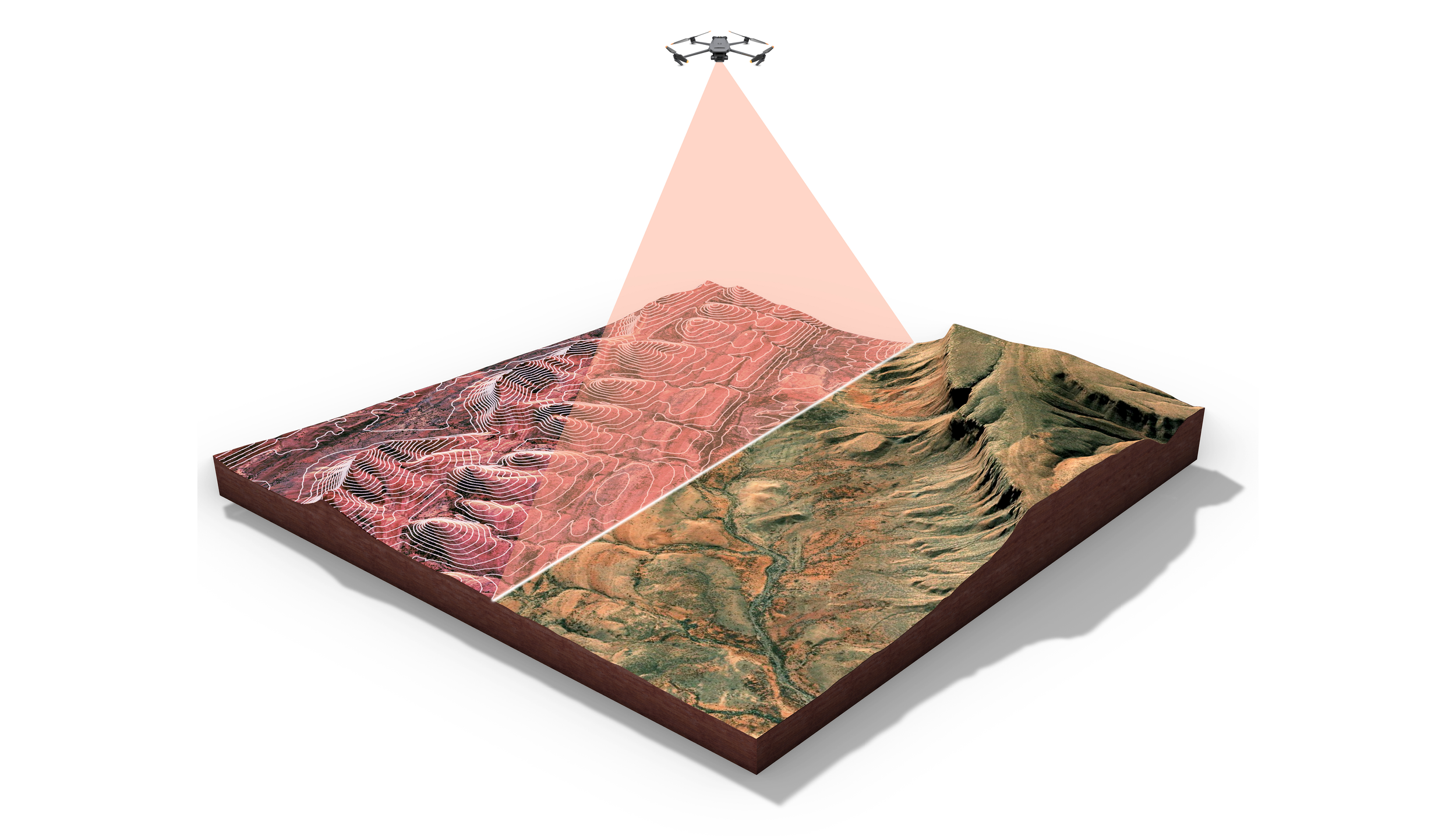 Illustration of a drone mapping a terrain model with contour lines and topographic features.