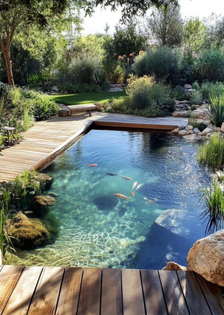 Natural swimming pool with koi fish, surrounded by wooden decking and lush garden plants.