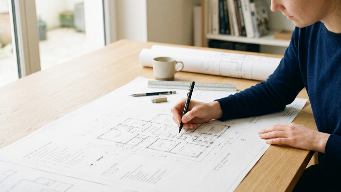 Une personne en train de dessiner ou de prendre des notes sur un plan architectural posé sur une table en bois, avec un mug, une règle, un stylo, une gomme, et un autre crayon sur la table.