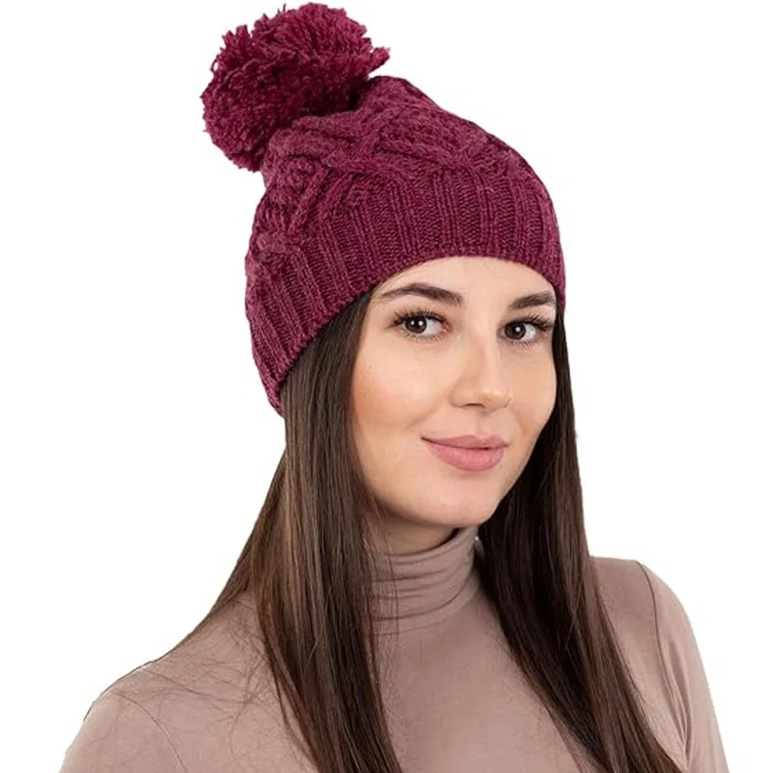 Aran Wool Bobble Hat -Side- Velvet Red-ML254.jpg