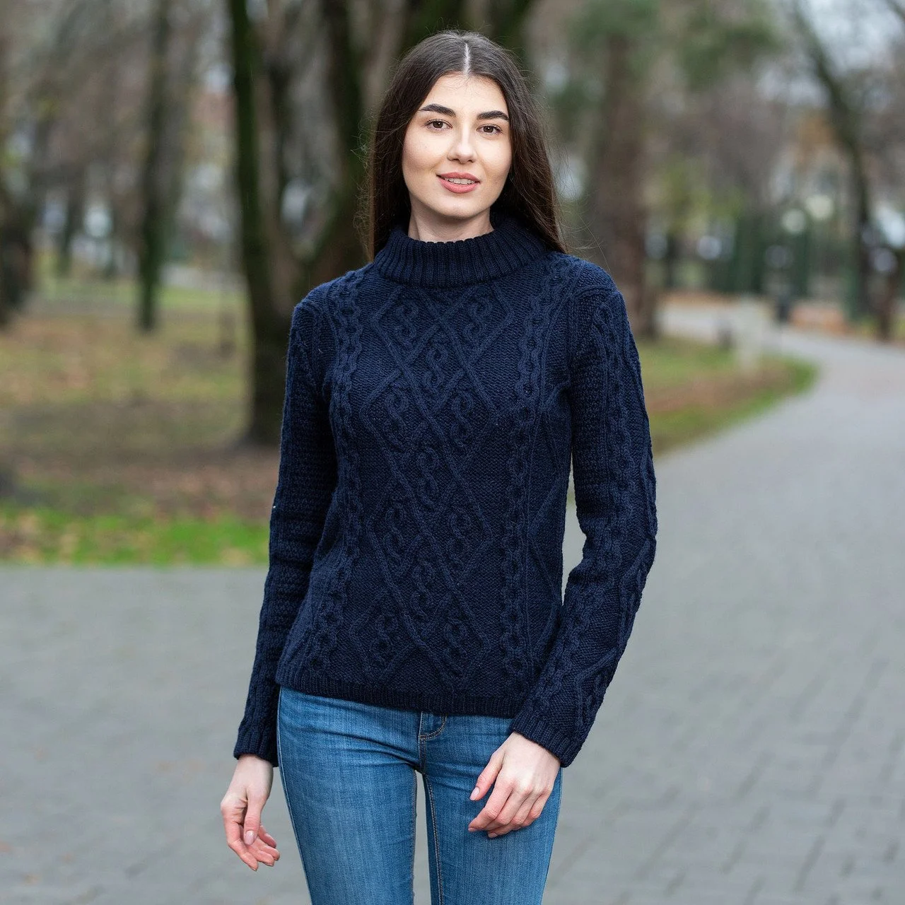 Ladies Aran Cable Knit Sweater- Front 1 - Navy- ML905.jpg