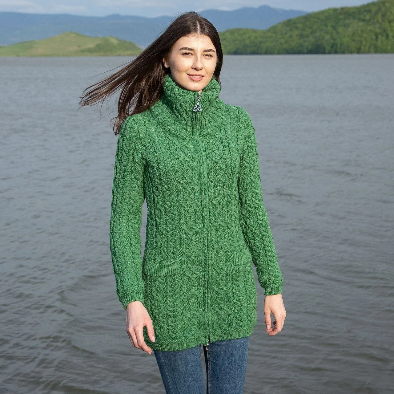 Soft Touch Ladies Aran Zip Cardigan--Green-ML114.jpg