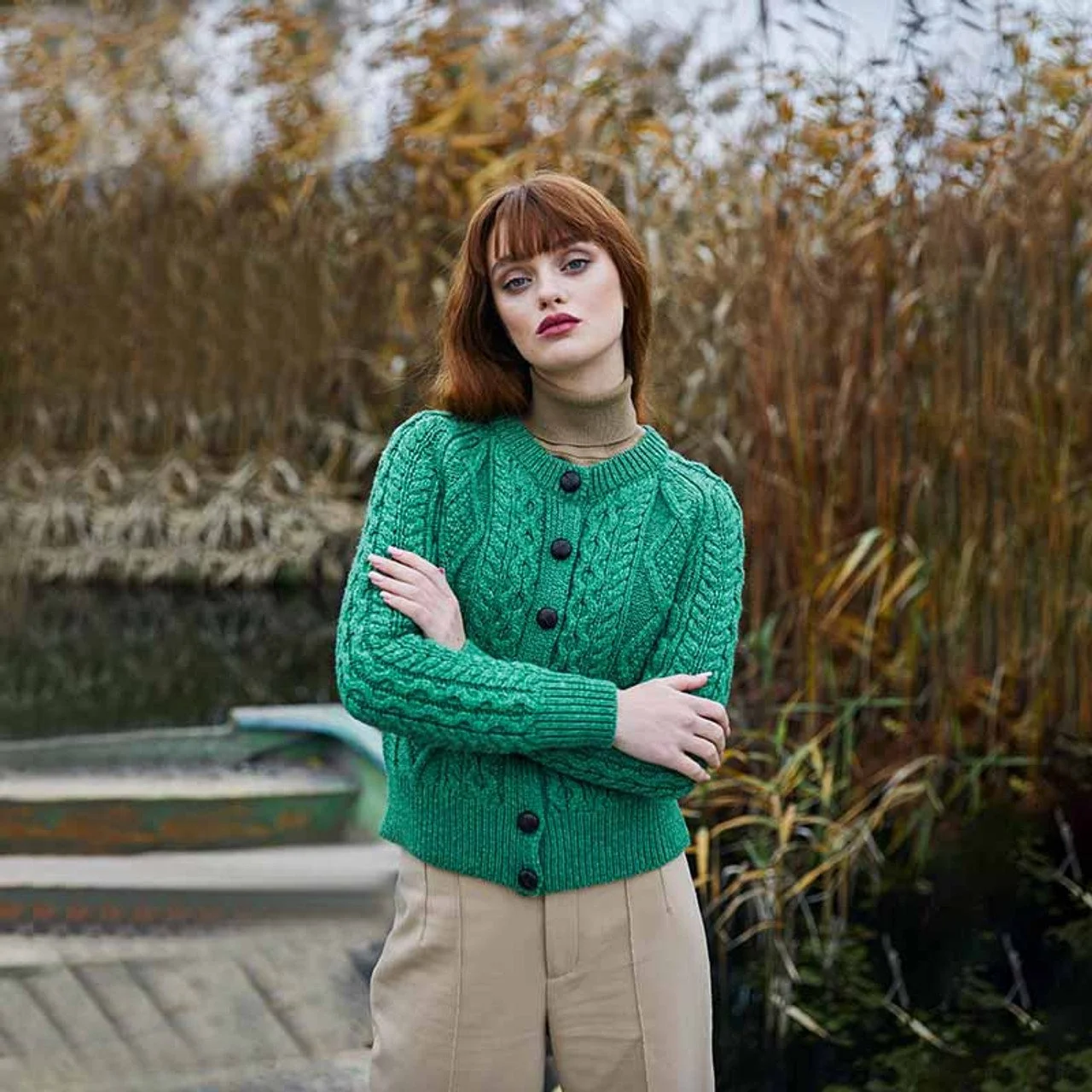 Ladies Cable Cardigan-Front 1 -Green-ML152 109.jpg