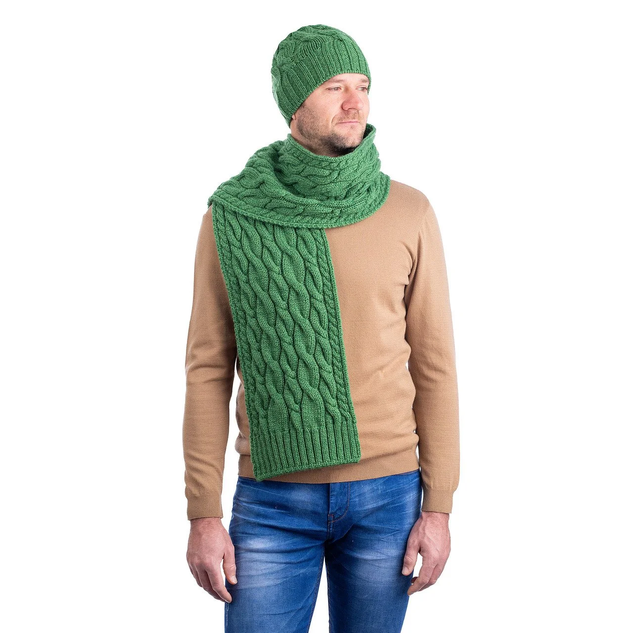 Wool Cable Knit Scarf -Front- Green -MM257-105.jpg