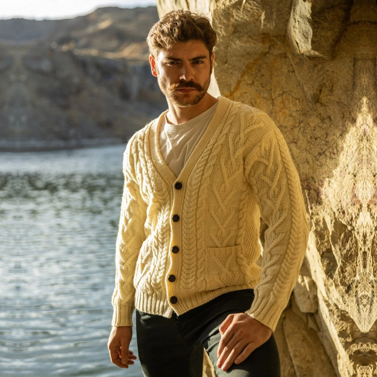 Mens V Neck Cable Cardigan-Natural-MM201.jpg