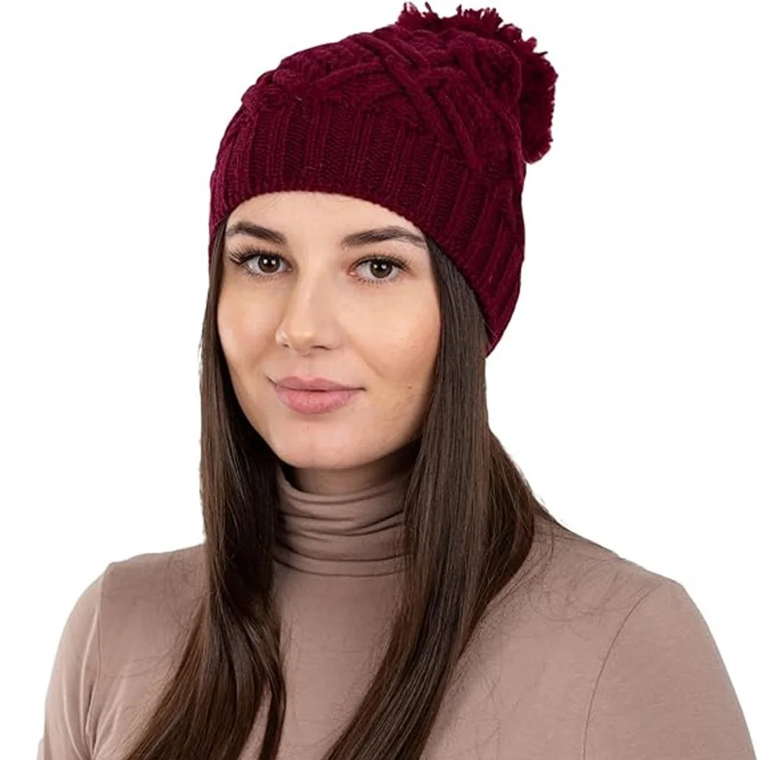 Aran Wool Bobble Hat -Front- Wine-ML254.jpg