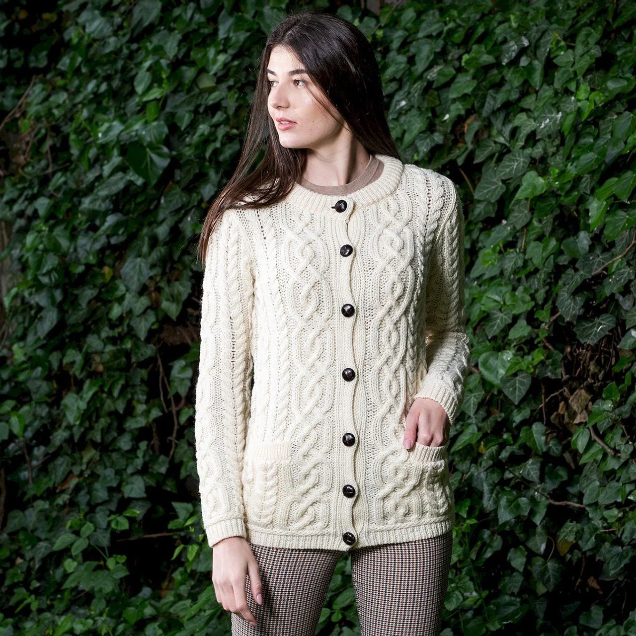 Ladies Aran Button Cardigan - Front 2 - Natural - ML115-100.jpg
