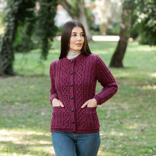 Ladies Aran Button Cardigan - Front 1 -Red Velet -ML115-112.jpg