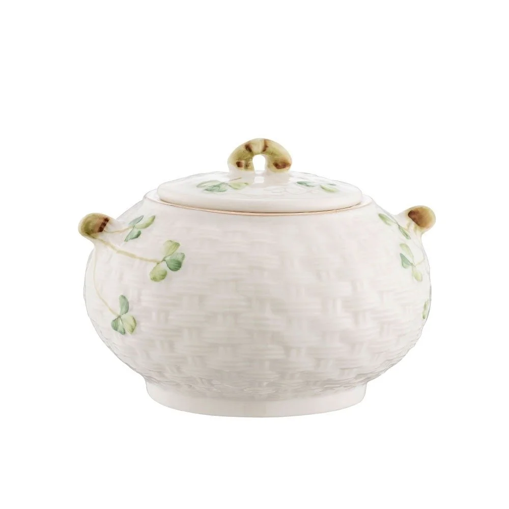 Belleek Classic 1880 - Gold Shamrock Sugar Pot and Lid-Front-92019.jpg
