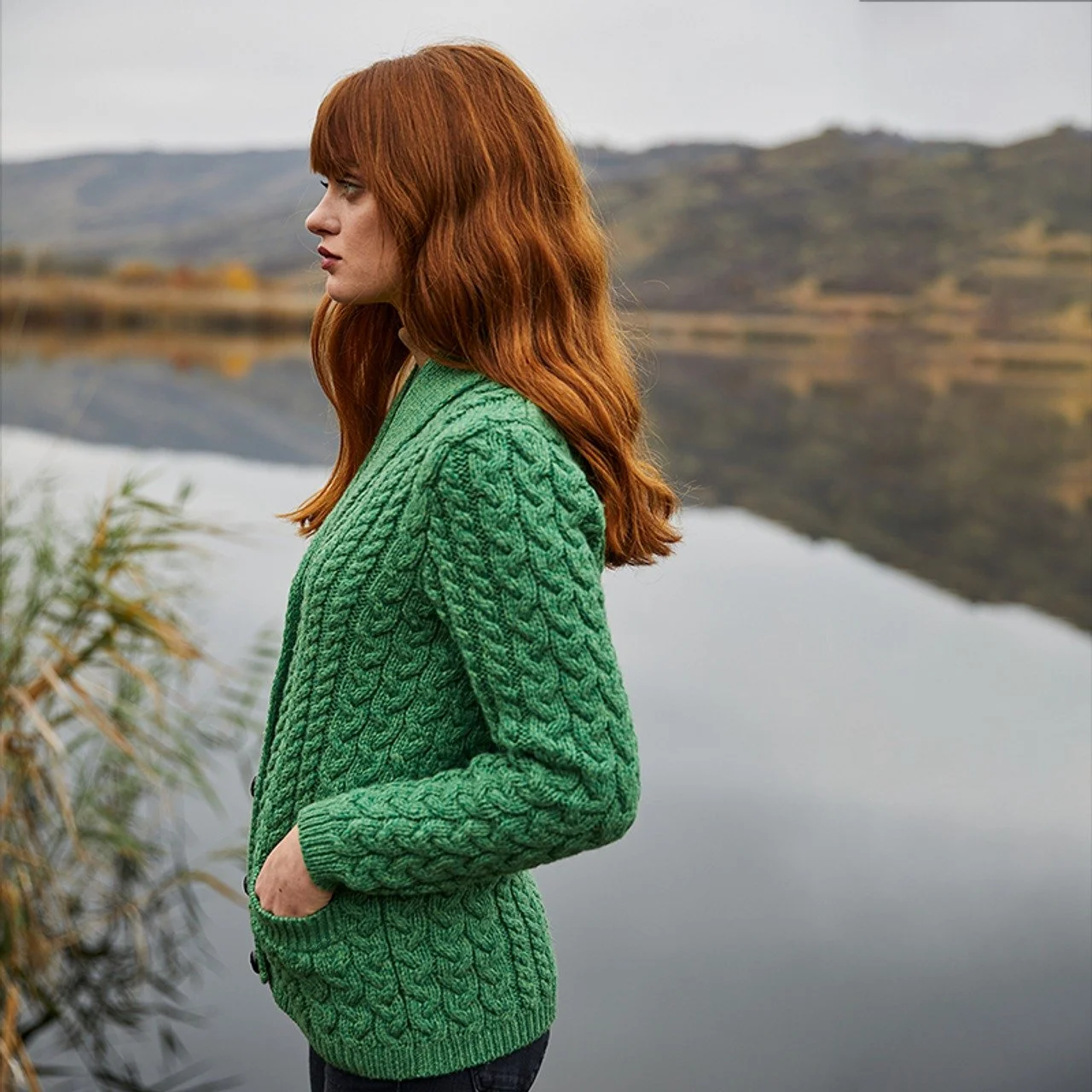 Ladies Shawl Neck Cardigan -Angle -Green- ML164.jpg