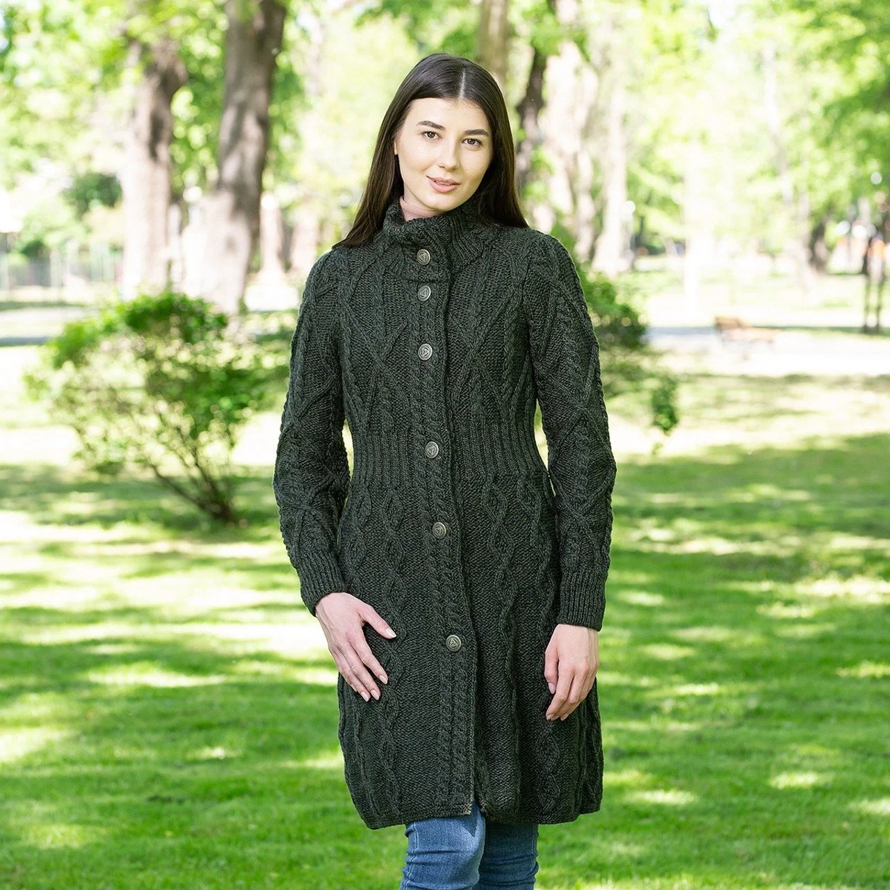 Aran Cable Signature Coat - Front 2 - Army Green - ML126-102.jpg