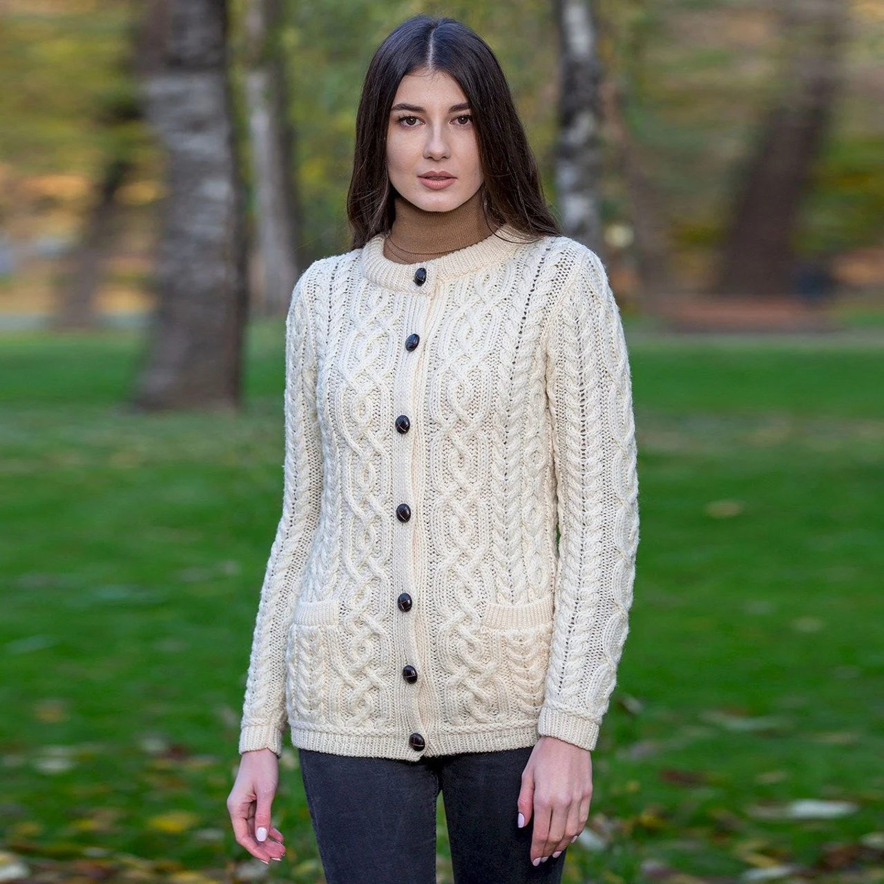 Ladies Aran Button Cardigan - Front 3 - Natural - ML115-100.jpg