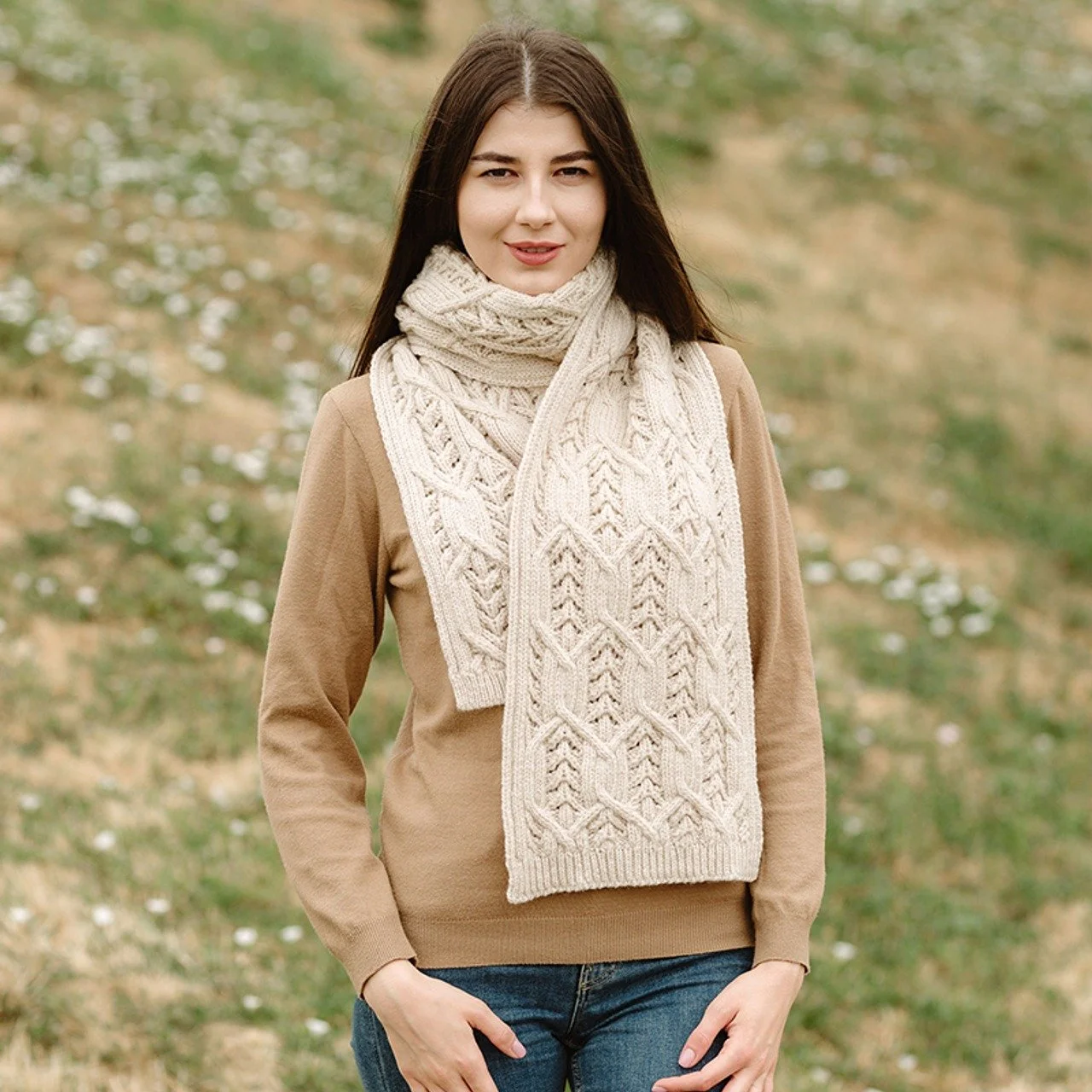 Aran Leaf Scarf- Front 2 -Natural- ML168.jpg