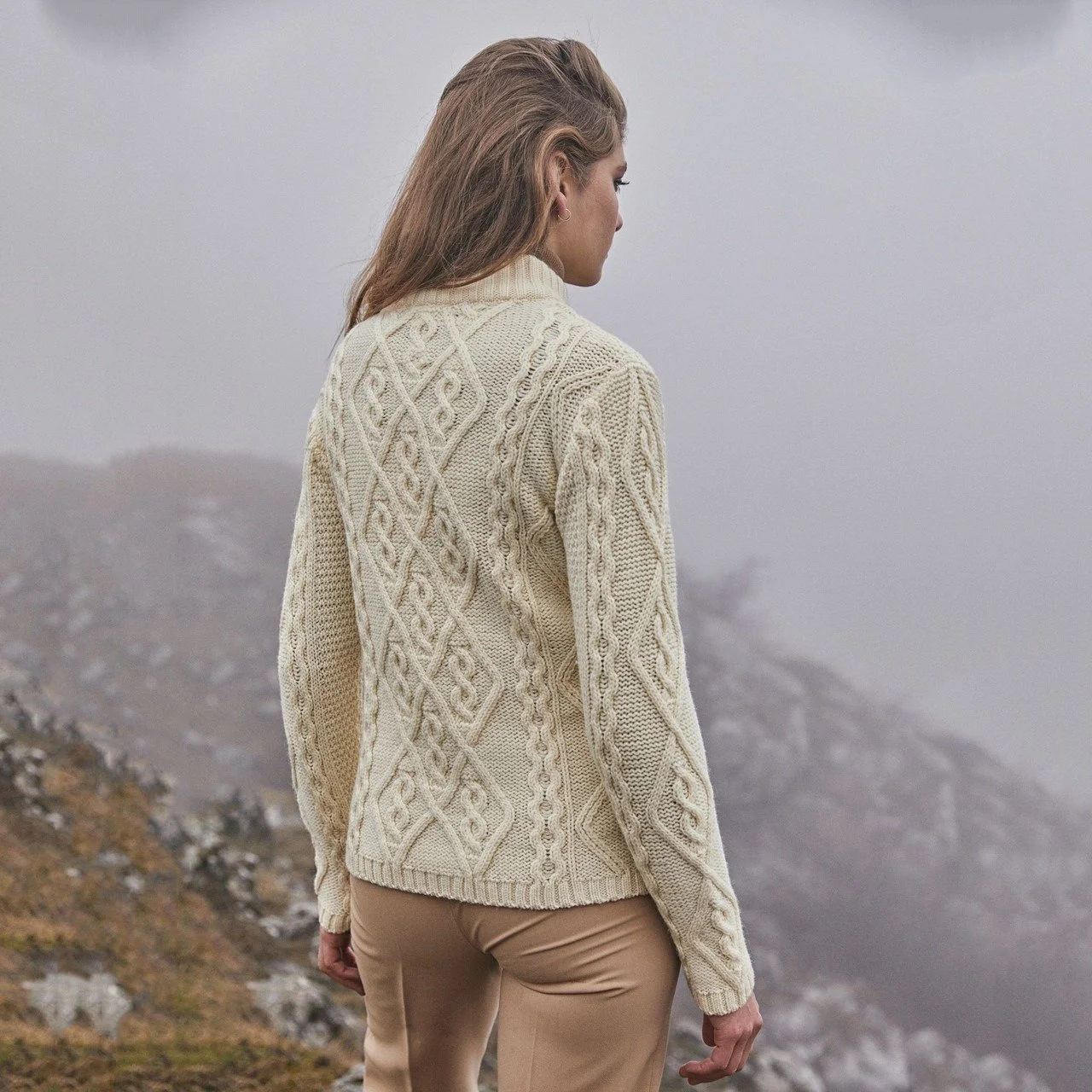 Ladies Aran Cable Knit Sweater- Angle- Natural- ML905.jpg