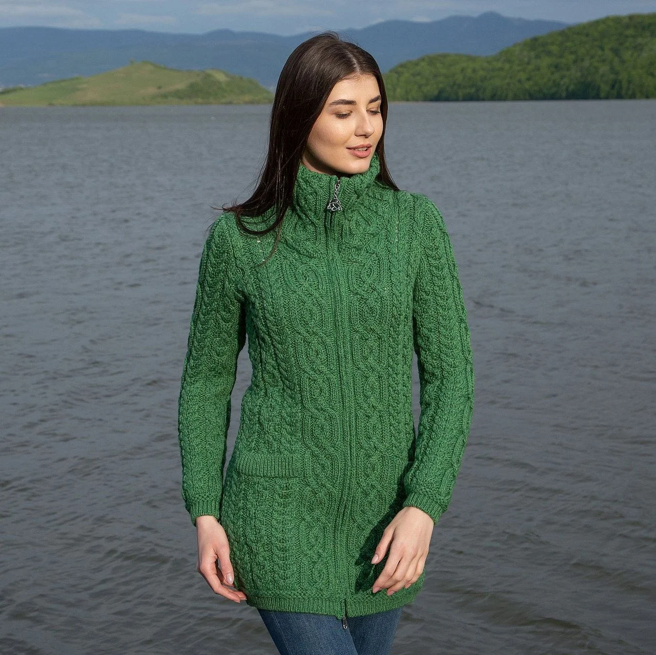 Soft Touch Ladies Aran Zip Cardigan---Green-ML114.jpg