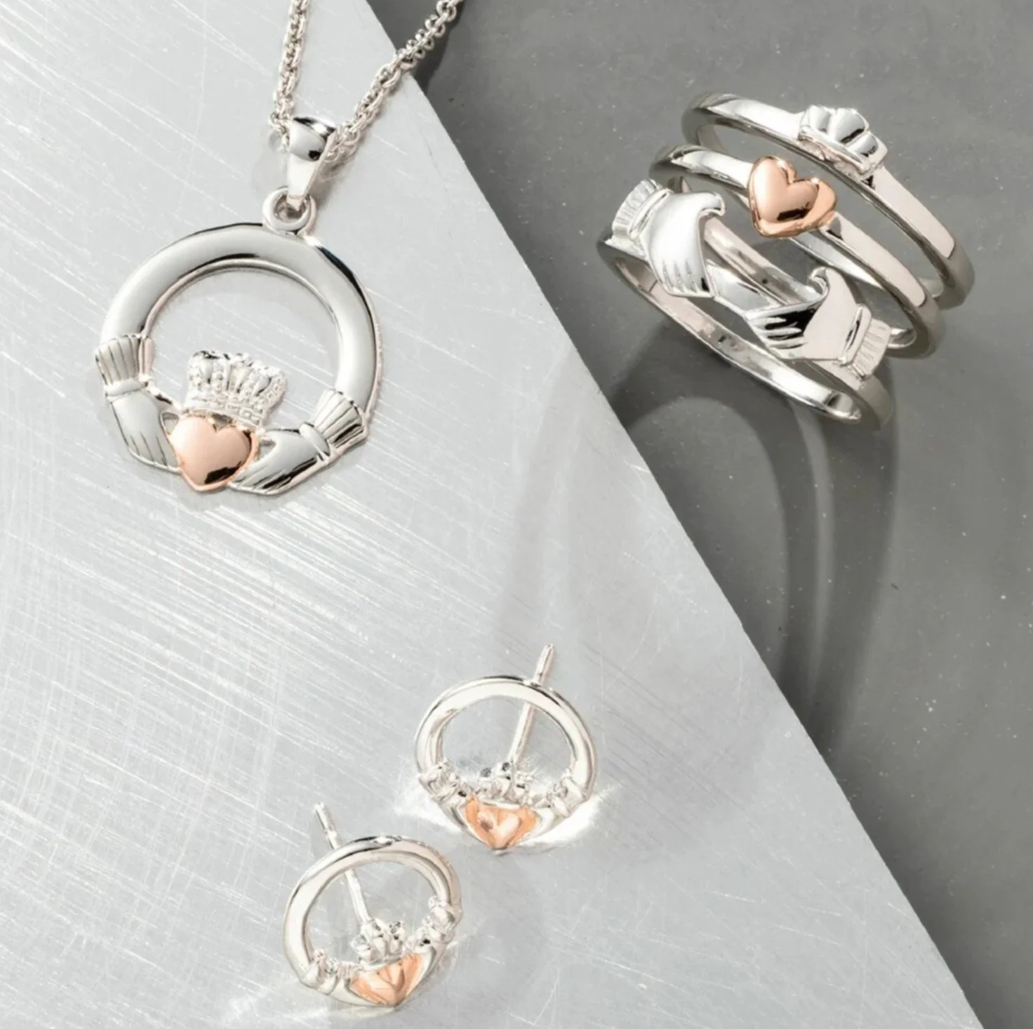 G7401-Galway Crystal Claddagh Earrings Sterling Silver & Rose Gold 2.jpg