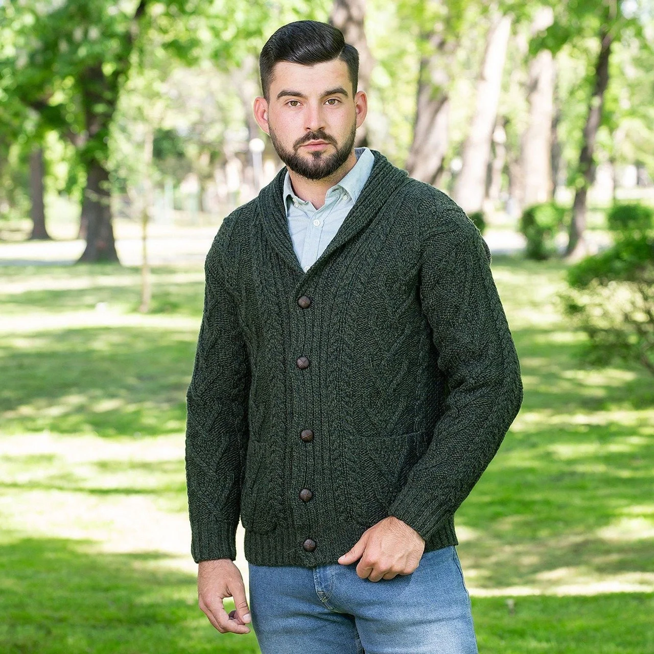 Mens Aran Cable Shawl-Collar Cardigan-Army Green-MM200.jpg