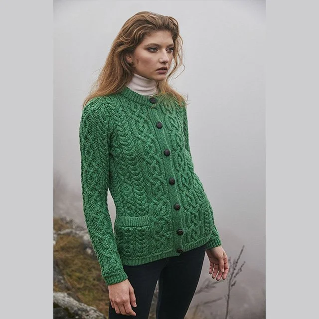 Ladies Aran Button Cardigan - Front 1 - Green - ML115-105.jpg