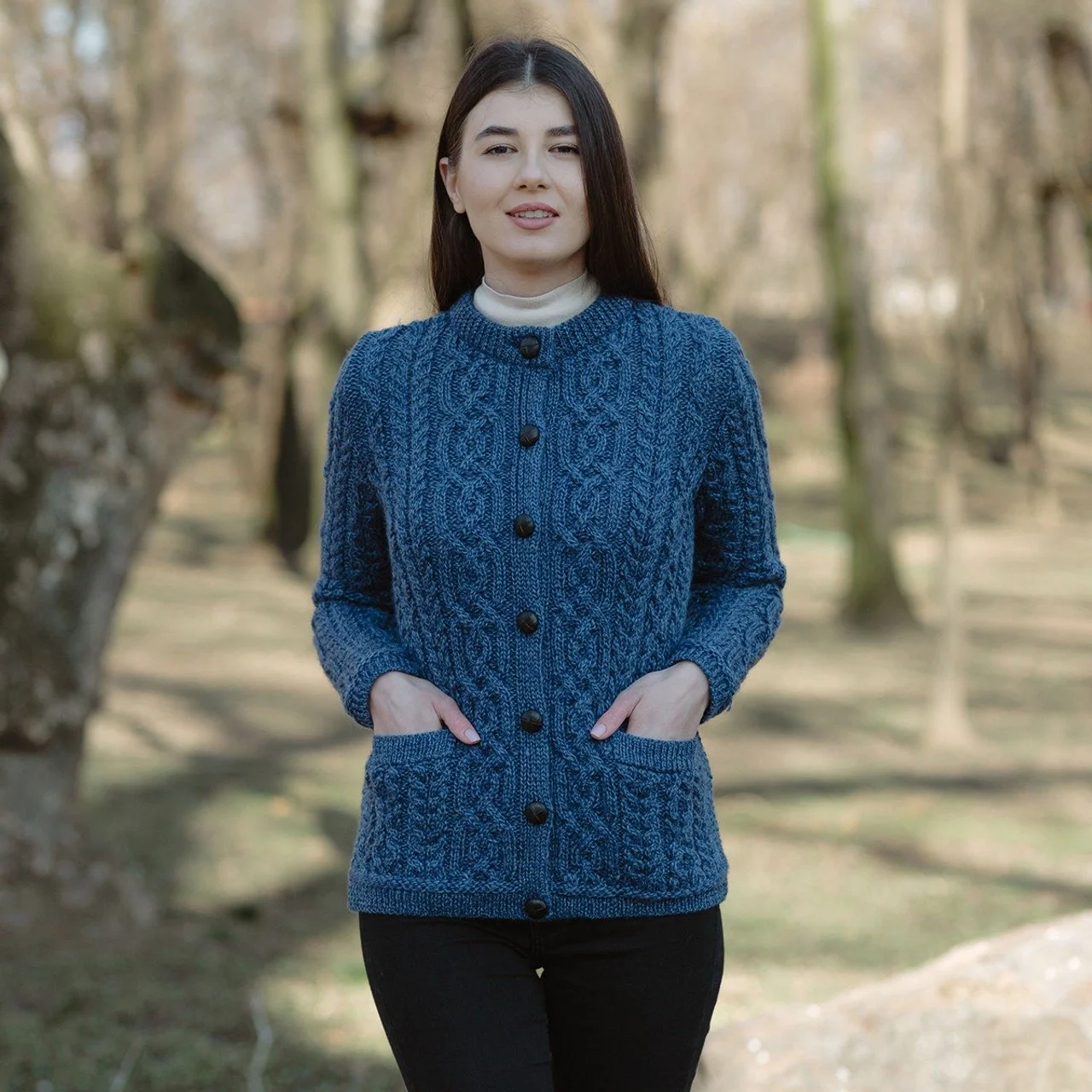 Ladies Aran Button Cardigan - Front 2 -Marl Blue -ML115-106.jpg