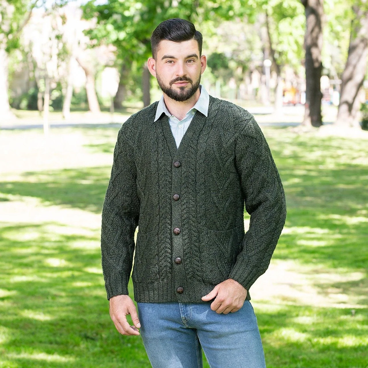 Mens V Neck Cable Cardigan-Army Green-MM201.jpg