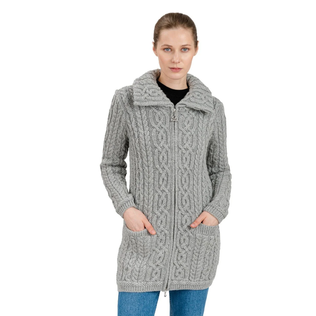 Soft Touch Ladies Aran Zip Cardigan-Grey--ML114.jpg